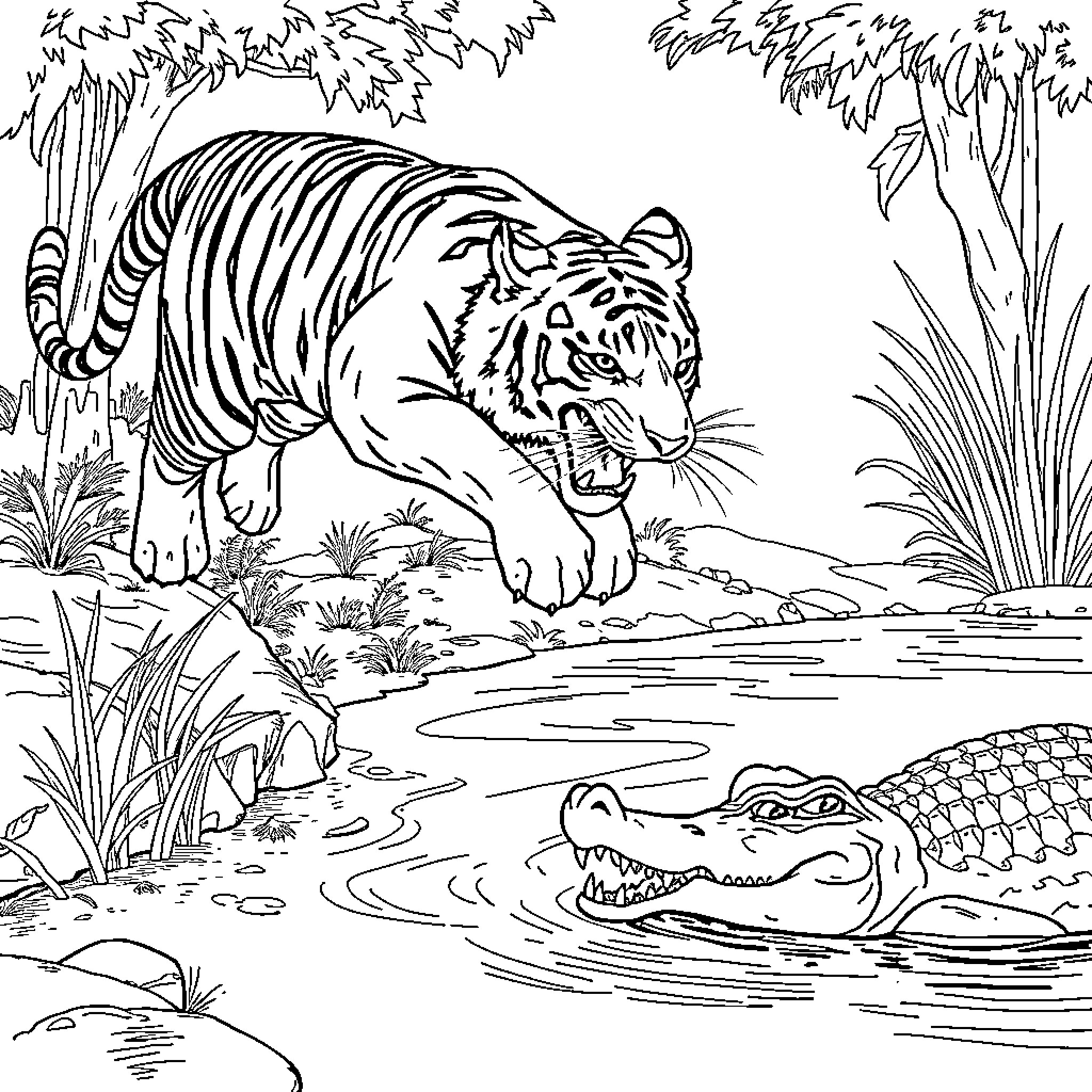 Tiger stalking prey in lush jungle landscape Coloring Page (free black-and-white line drawing printable PDF for all, from beginners to advanced learners, including children, teens, adults, and seniors)
