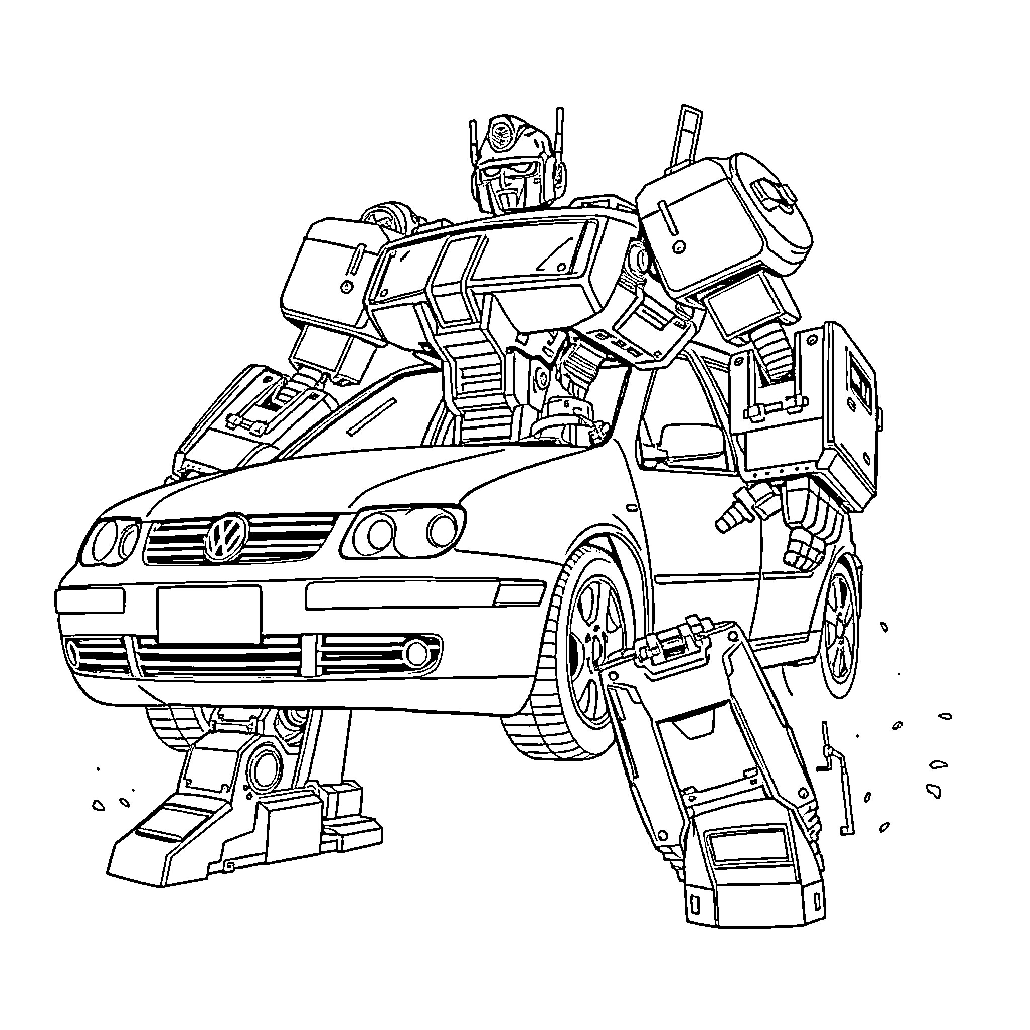 Transformer vehicle transforming from car to robot Coloring Page (free black-and-white line drawing printable PDF for all, from beginners to advanced learners, including children, teens, adults, and seniors)