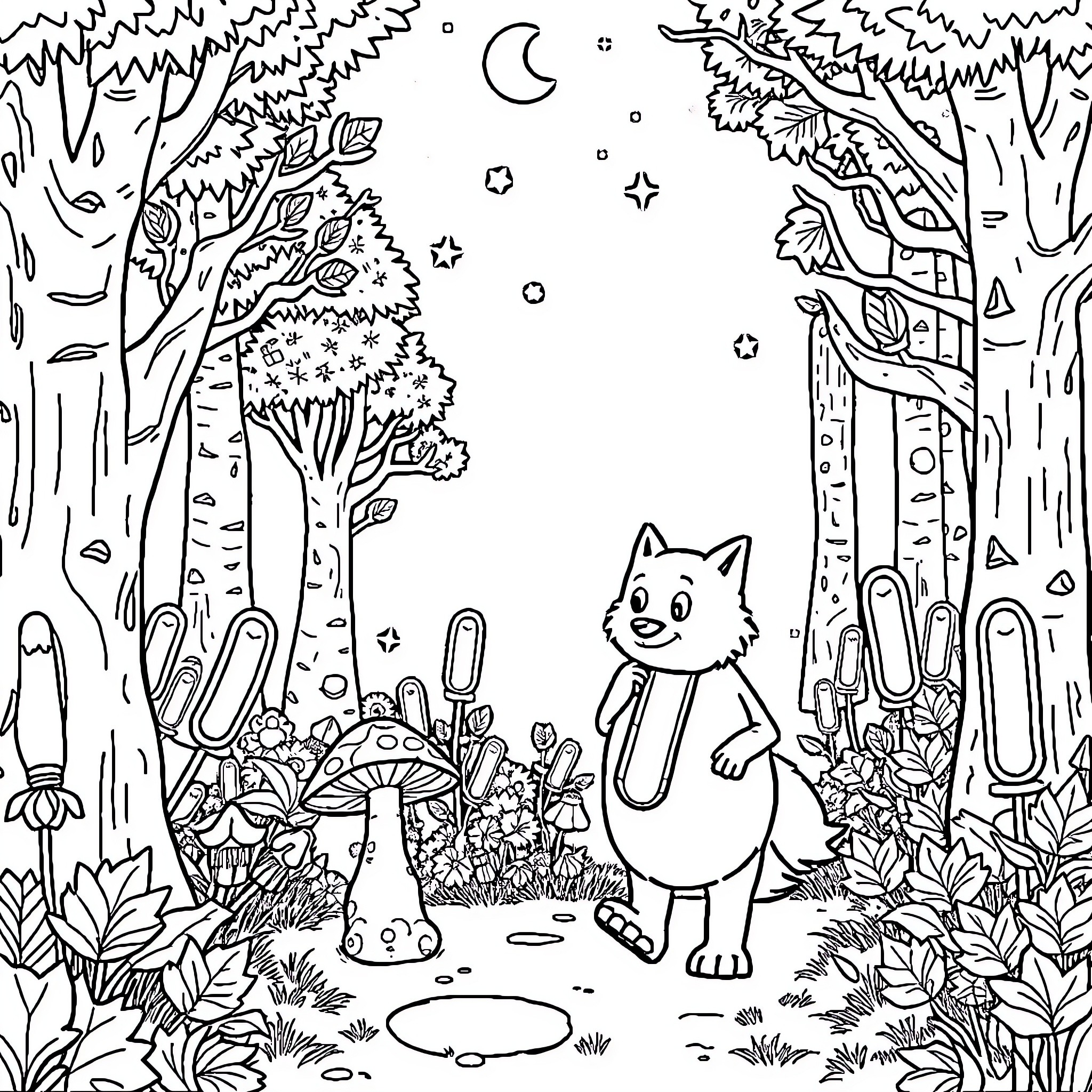 Mushroom cat exploring the enchanted forest at night Coloring Page (free black-and-white line drawing printable PDF for all, from beginners to advanced learners, including children, teens, adults, and seniors)
