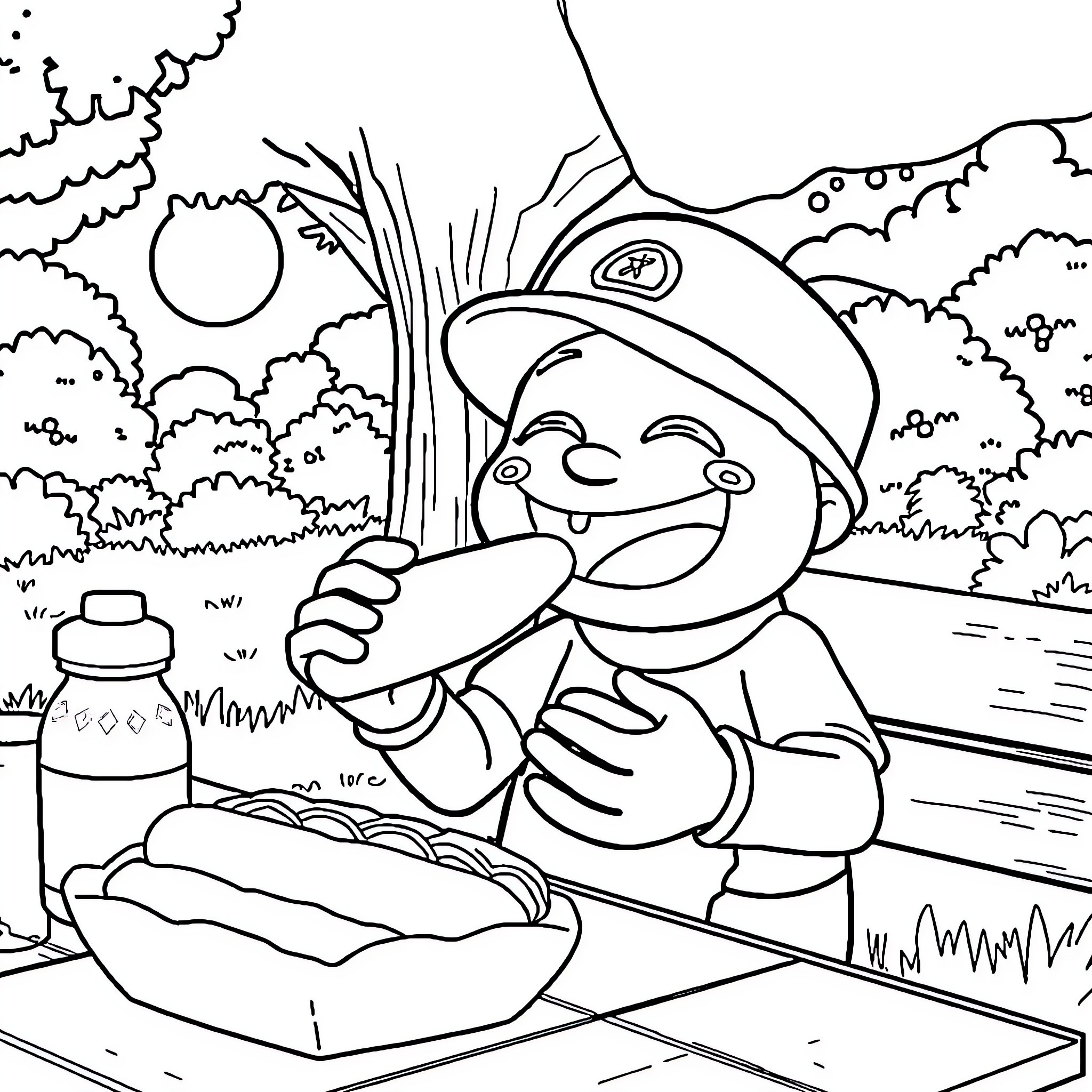Sans Happy Forest Picnicker Enjoying Nature Coloring Page (free black-and-white line drawing printable PDF for all, from beginners to advanced learners, including children, teens, adults, and seniors)