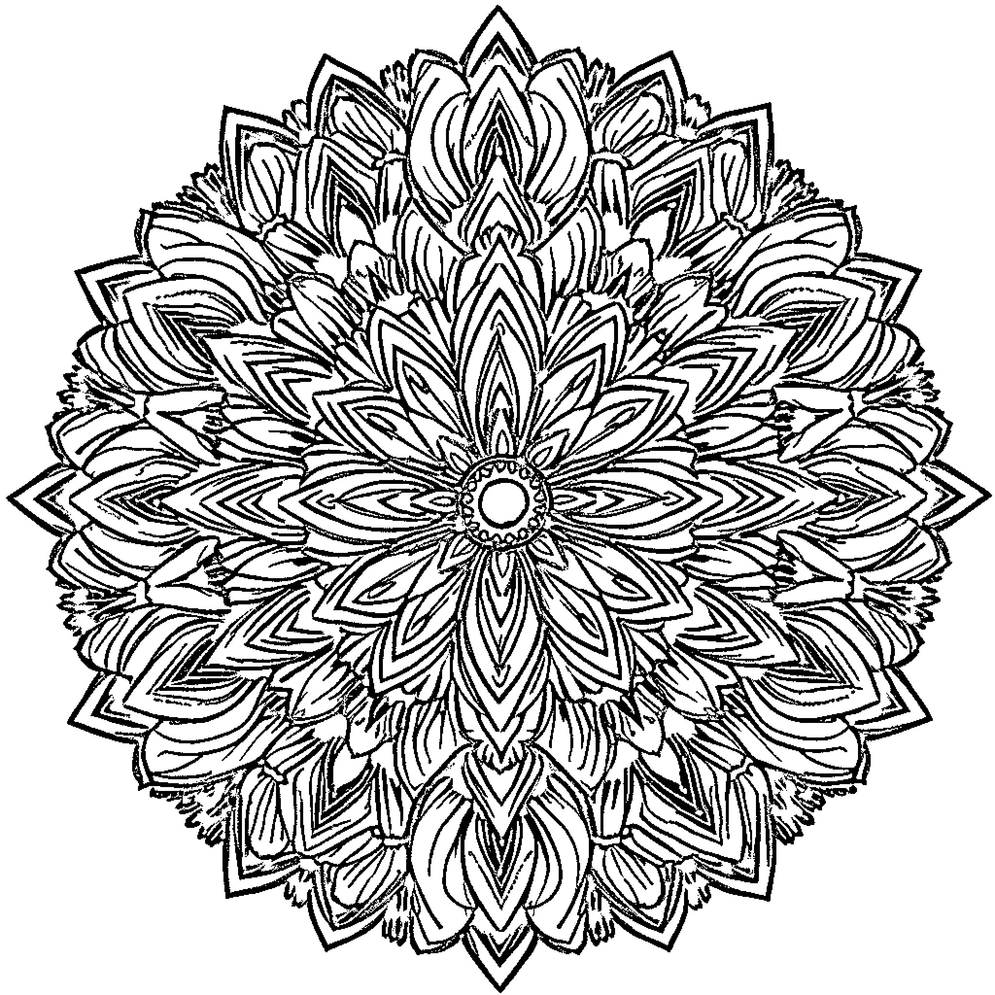 Mandala Flower with Intricate Petals and Patterns Coloring Page (free black-and-white line drawing printable PDF for all, from beginners to advanced learners, including children, teens, adults, and seniors)