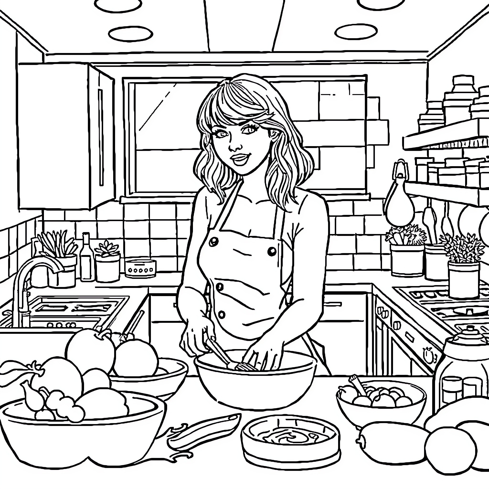 Taylor Swift preparing a meal in the kitchen Coloring Page (free black-and-white line drawing printable PDF for all, from beginners to advanced learners, including children, teens, adults, and seniors)