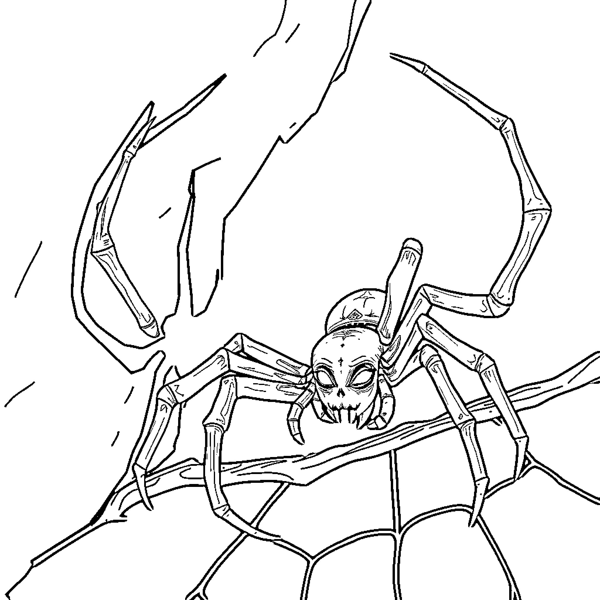 Spider climbing on a web Coloring Page (free black-and-white line drawing printable PDF for all, from beginners to advanced learners, including children, teens, adults, and seniors)