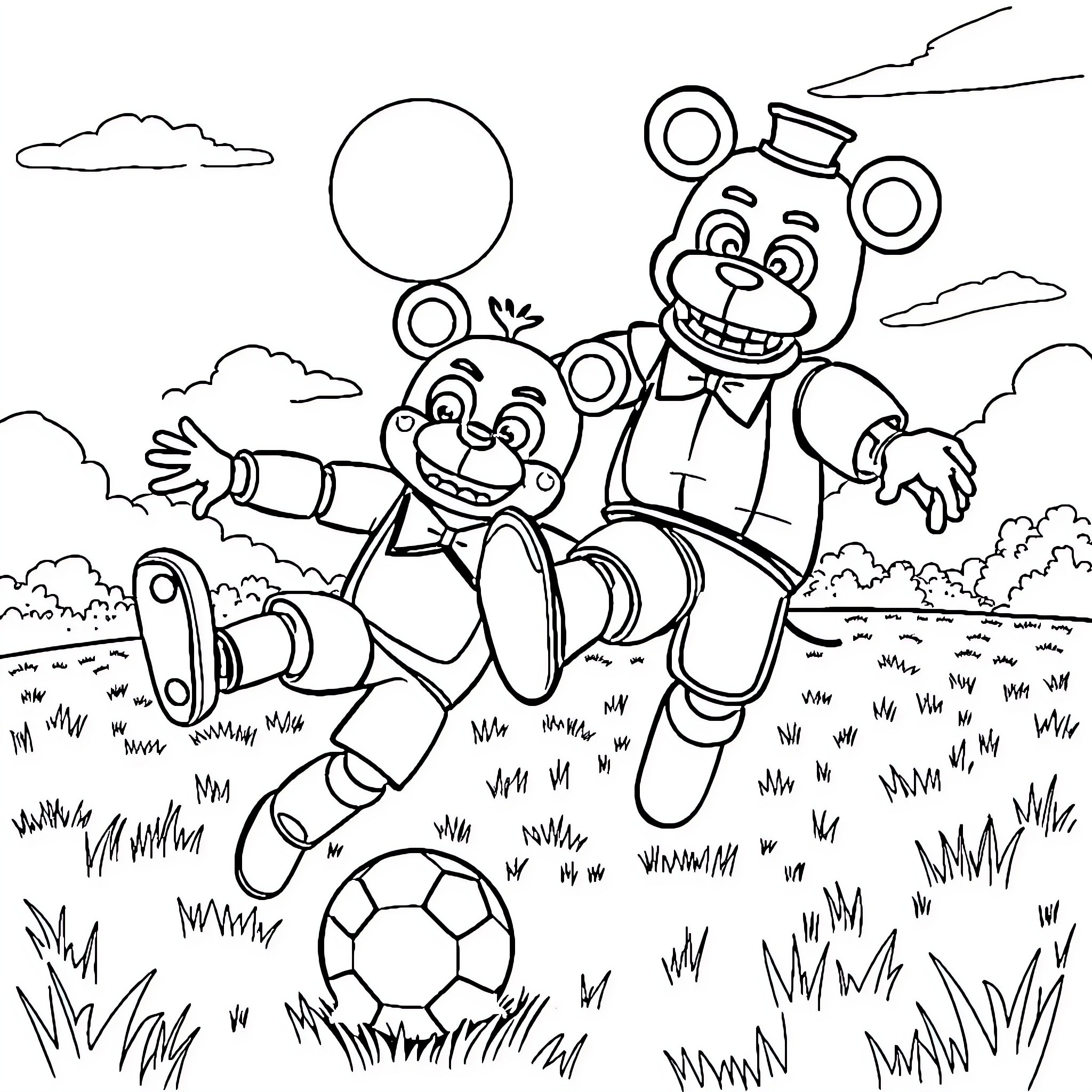 Freddy's Characters Playing Cheerfully Outdoors Coloring Page (free black-and-white line drawing printable PDF for all, from beginners to advanced learners, including children, teens, adults, and seniors)