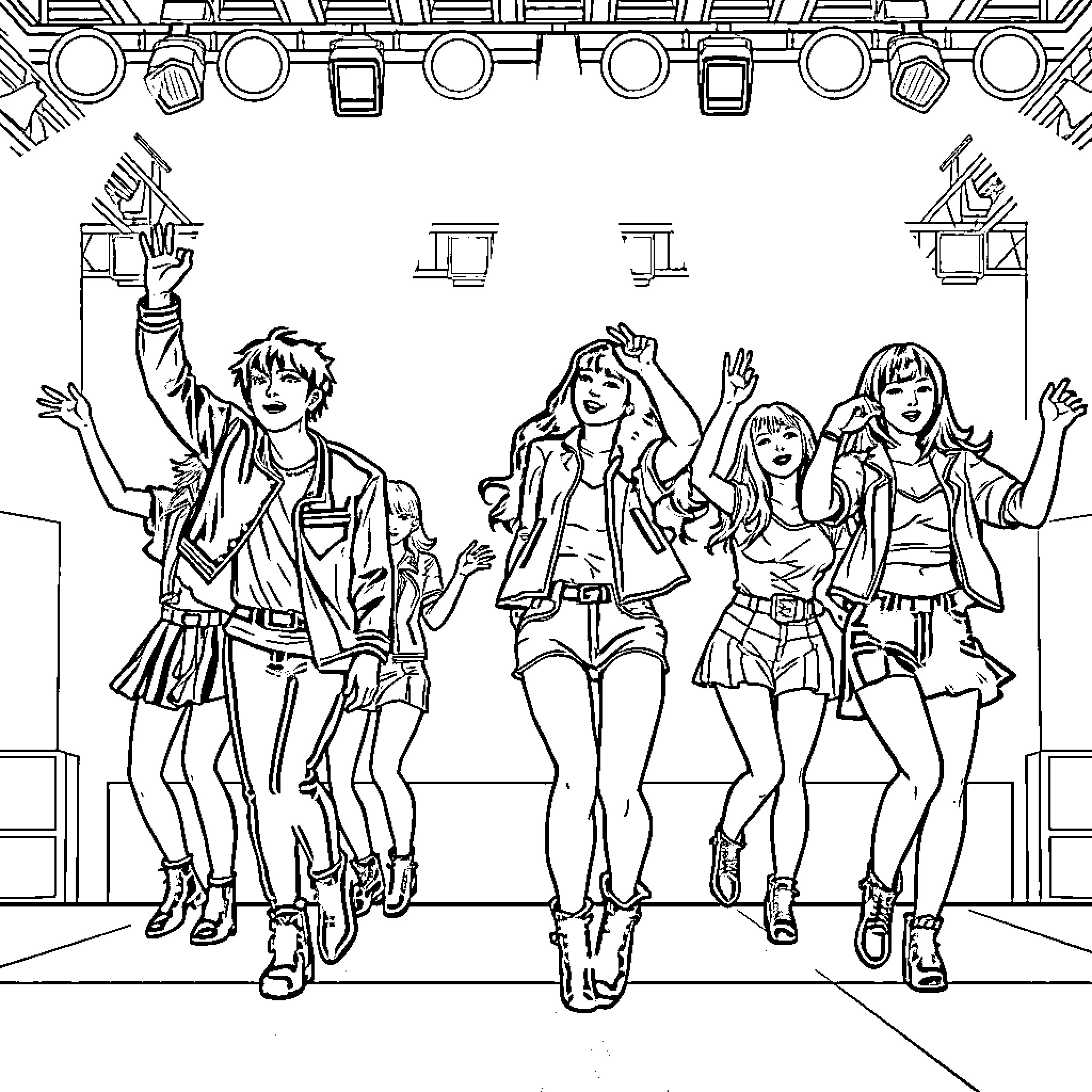 Kpop group performing on stage with energetic dance moves Coloring Page (free black-and-white line drawing printable PDF for all, from beginners to advanced learners, including children, teens, adults, and seniors)
