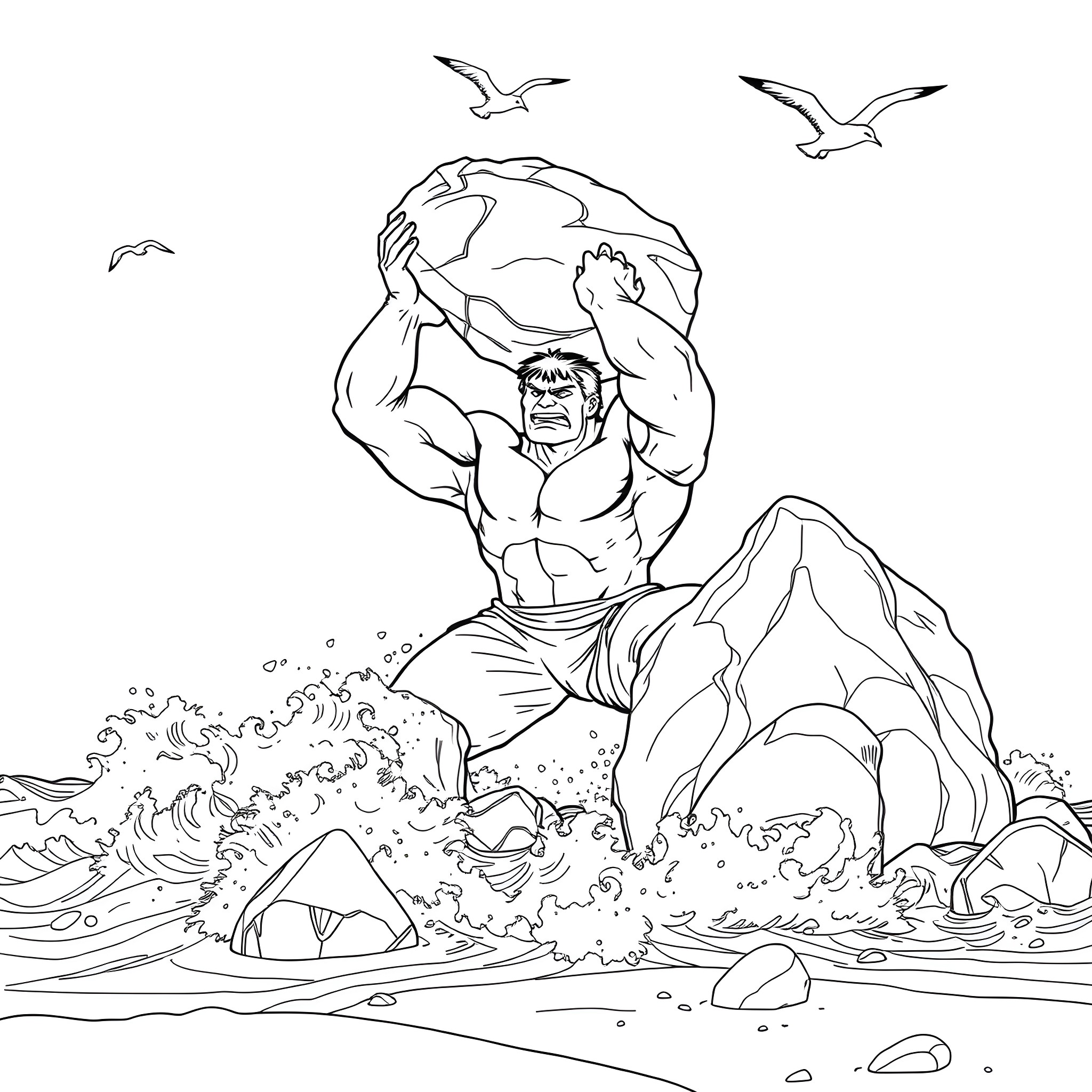 Hulk emerging from the waves with mighty strength Coloring Page (free black-and-white line drawing printable PDF for all, from beginners to advanced learners, including children, teens, adults, and seniors)