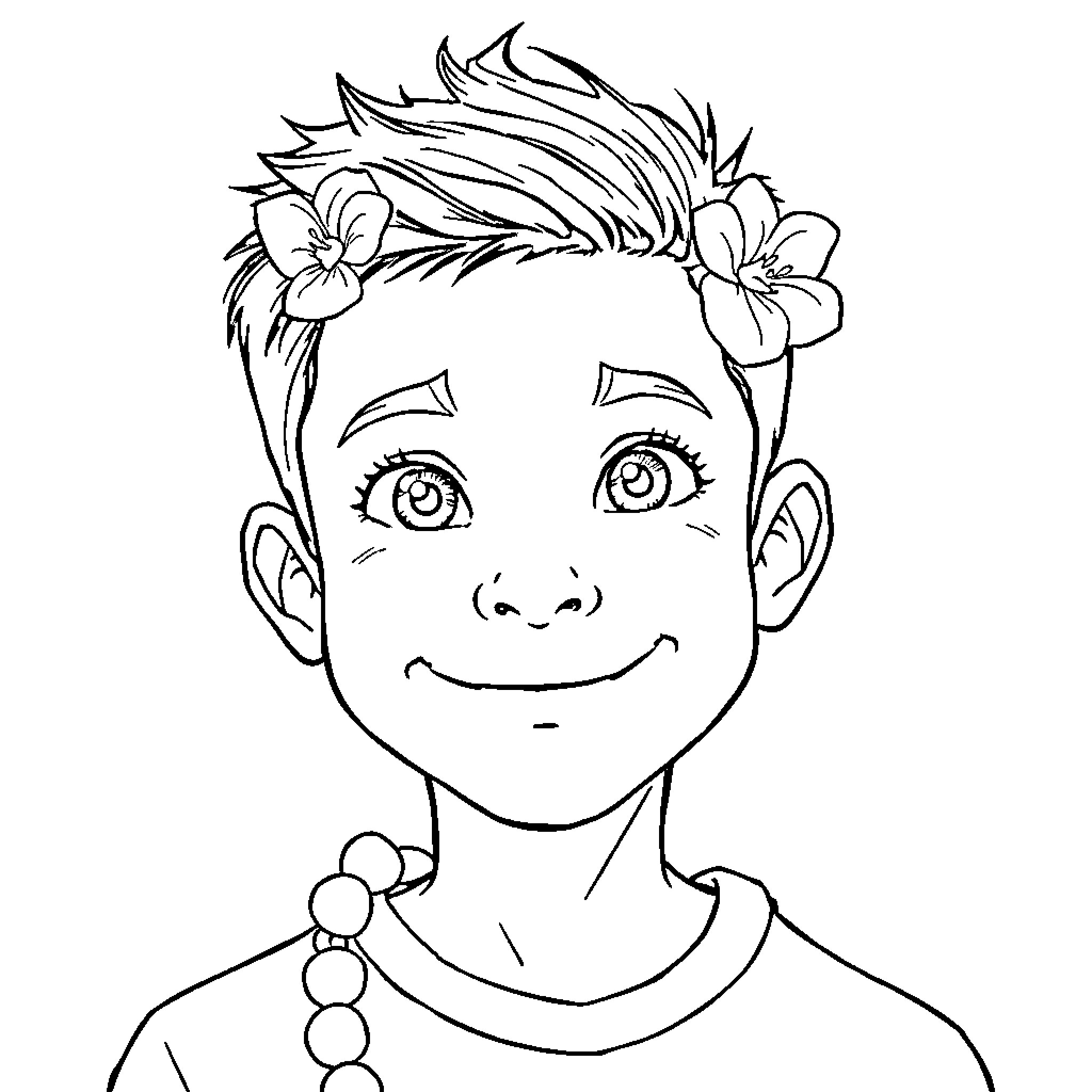 Elio Keahi Jahnke smiling joyfully with floral crown Coloring Page (free black-and-white line drawing printable PDF for all, from beginners to advanced learners, including children, teens, adults, and seniors)