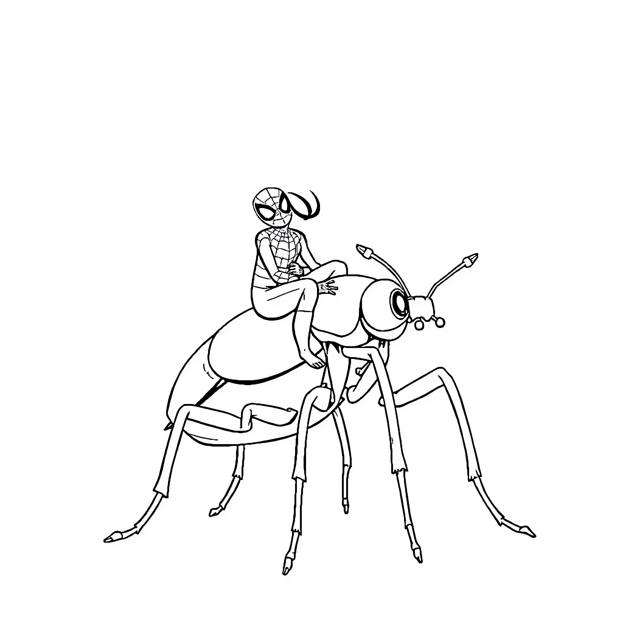 Spidey riding a giant insect with webbing Coloring Page (free black-and-white line drawing printable PDF for all, from beginners to advanced learners, including children, teens, adults, and seniors)