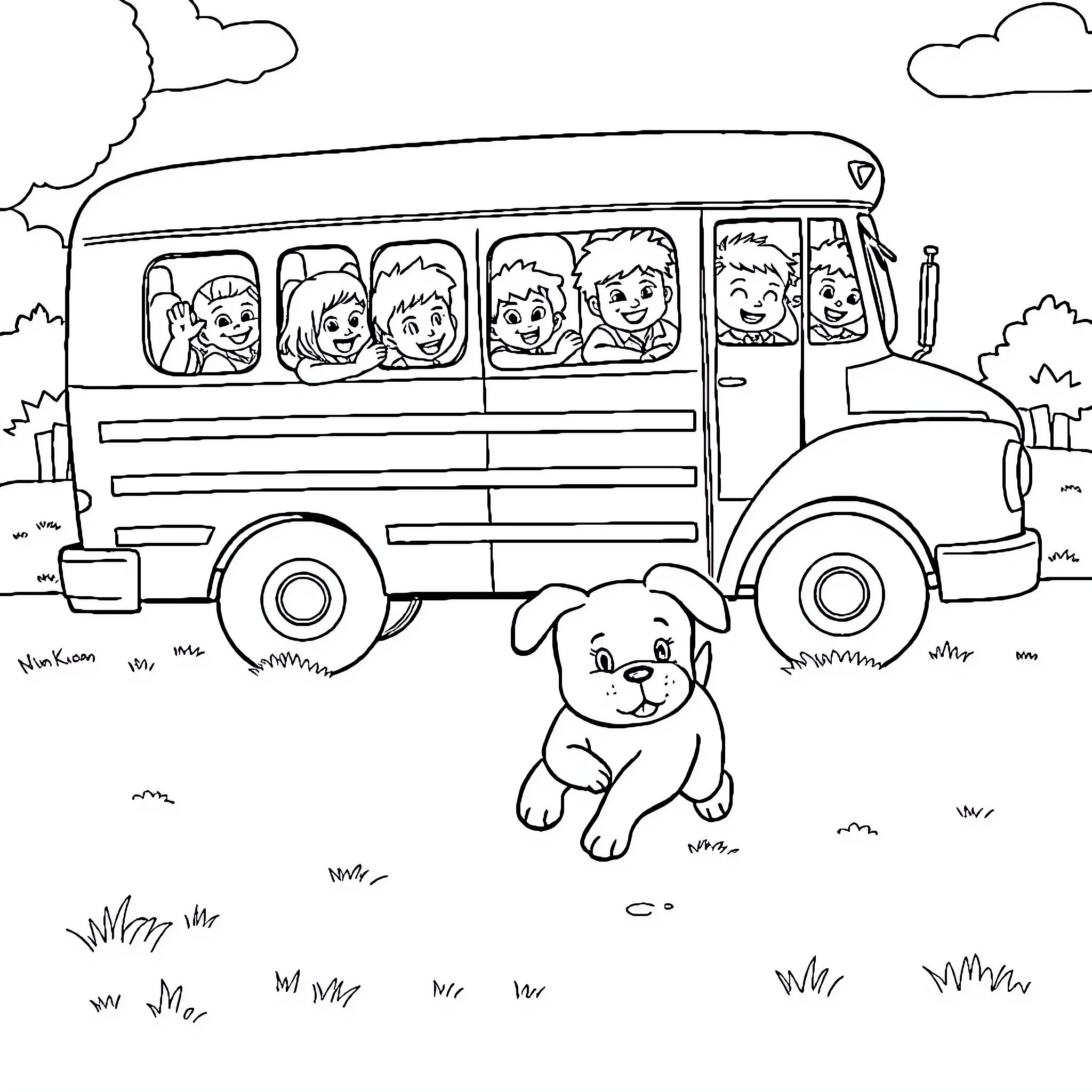 Puppy and children on school bus Coloring Page (free black-and-white line drawing printable PDF for all, from beginners to advanced learners, including children, teens, adults, and seniors)