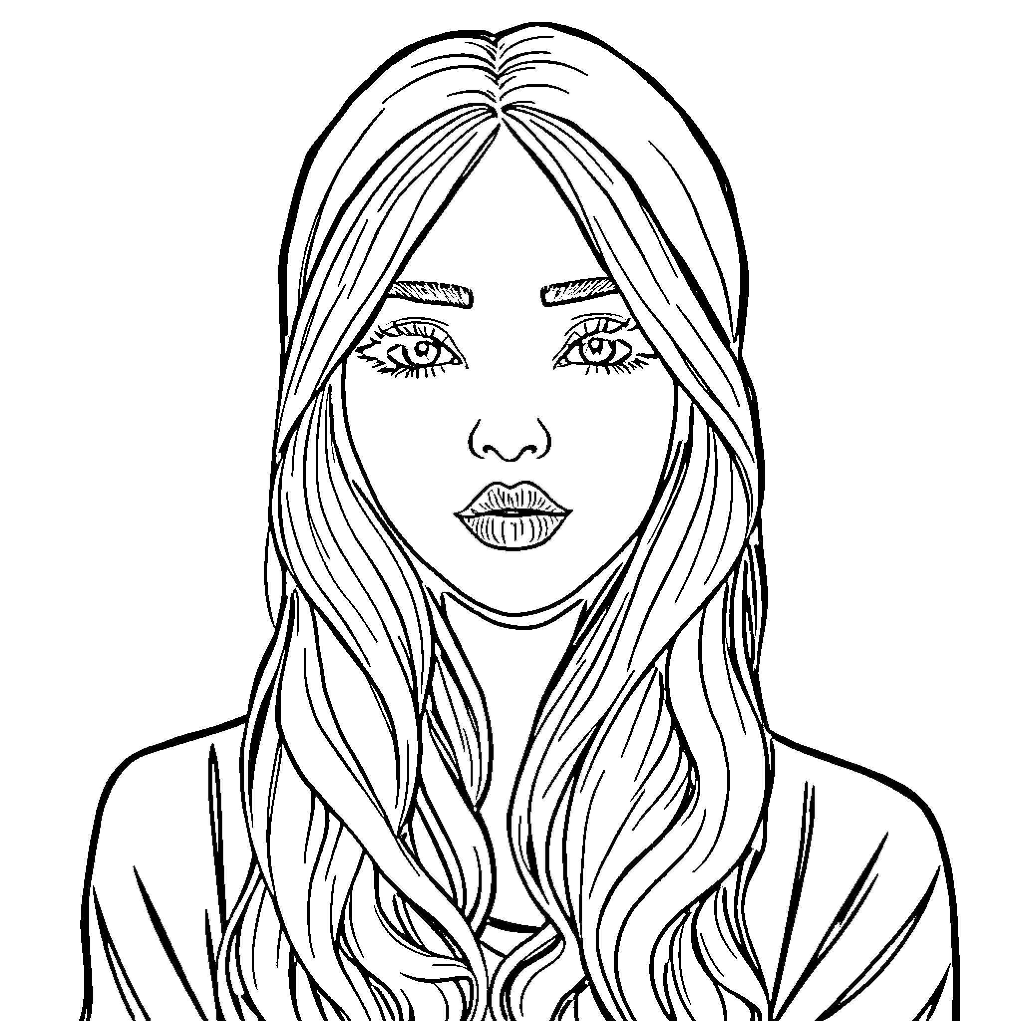 Drawing of a woman with long wavy hair Coloring Page (free black-and-white line drawing printable PDF for all, from beginners to advanced learners, including children, teens, adults, and seniors)