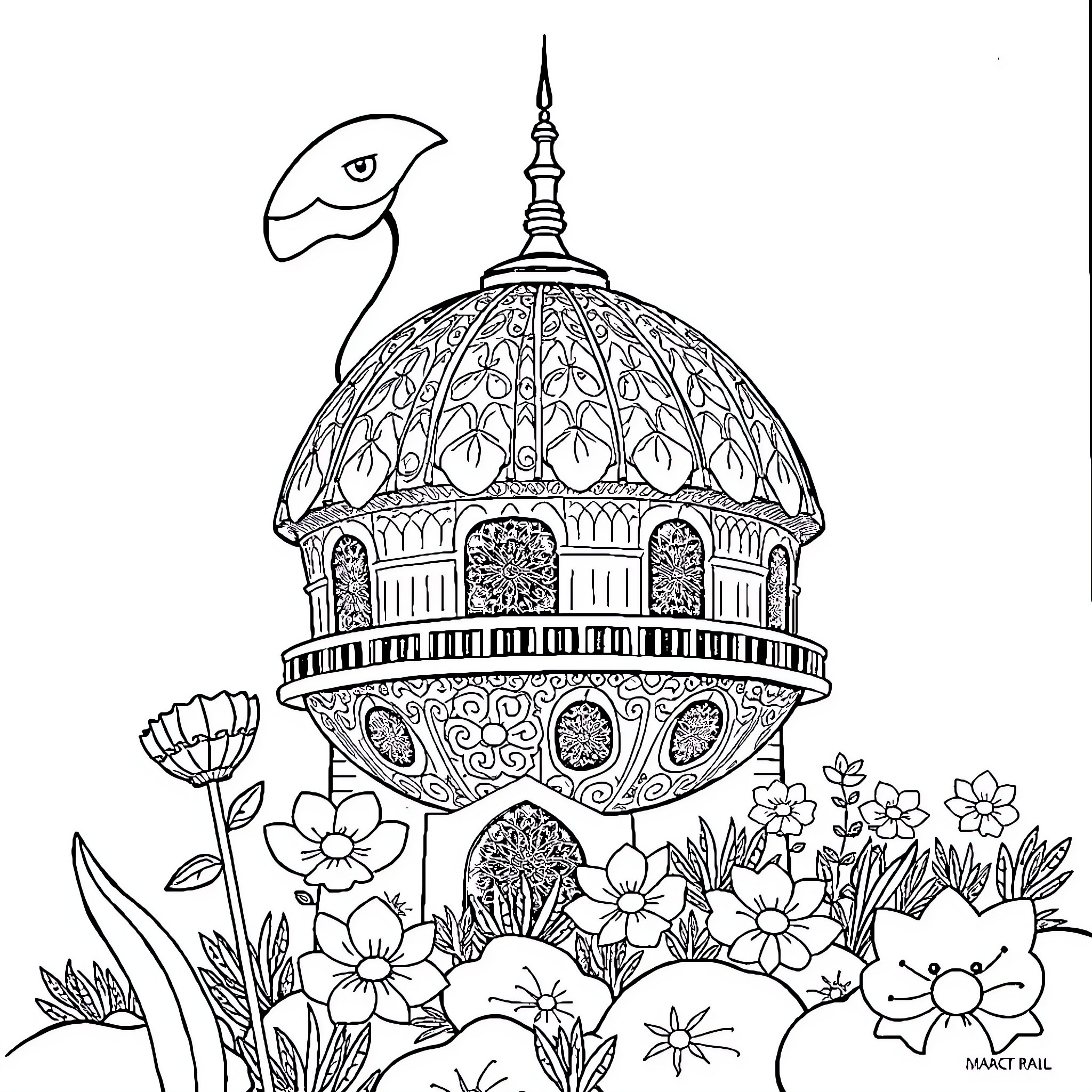 Animal resting on a decorative pavilion surrounded by flowers Coloring Page (free black-and-white line drawing printable PDF for all, from beginners to advanced learners, including children, teens, adults, and seniors)