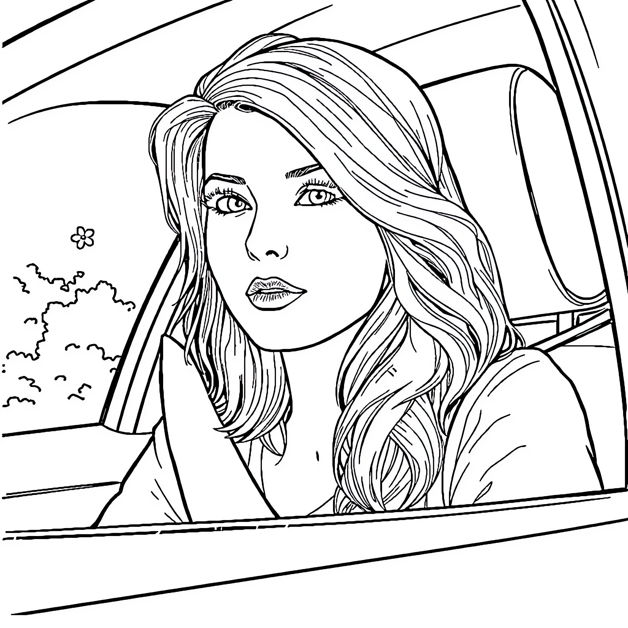 Olivia Benson in a serious expression while driving Coloring Page (free black-and-white line drawing printable PDF for all, from beginners to advanced learners, including children, teens, adults, and seniors)
