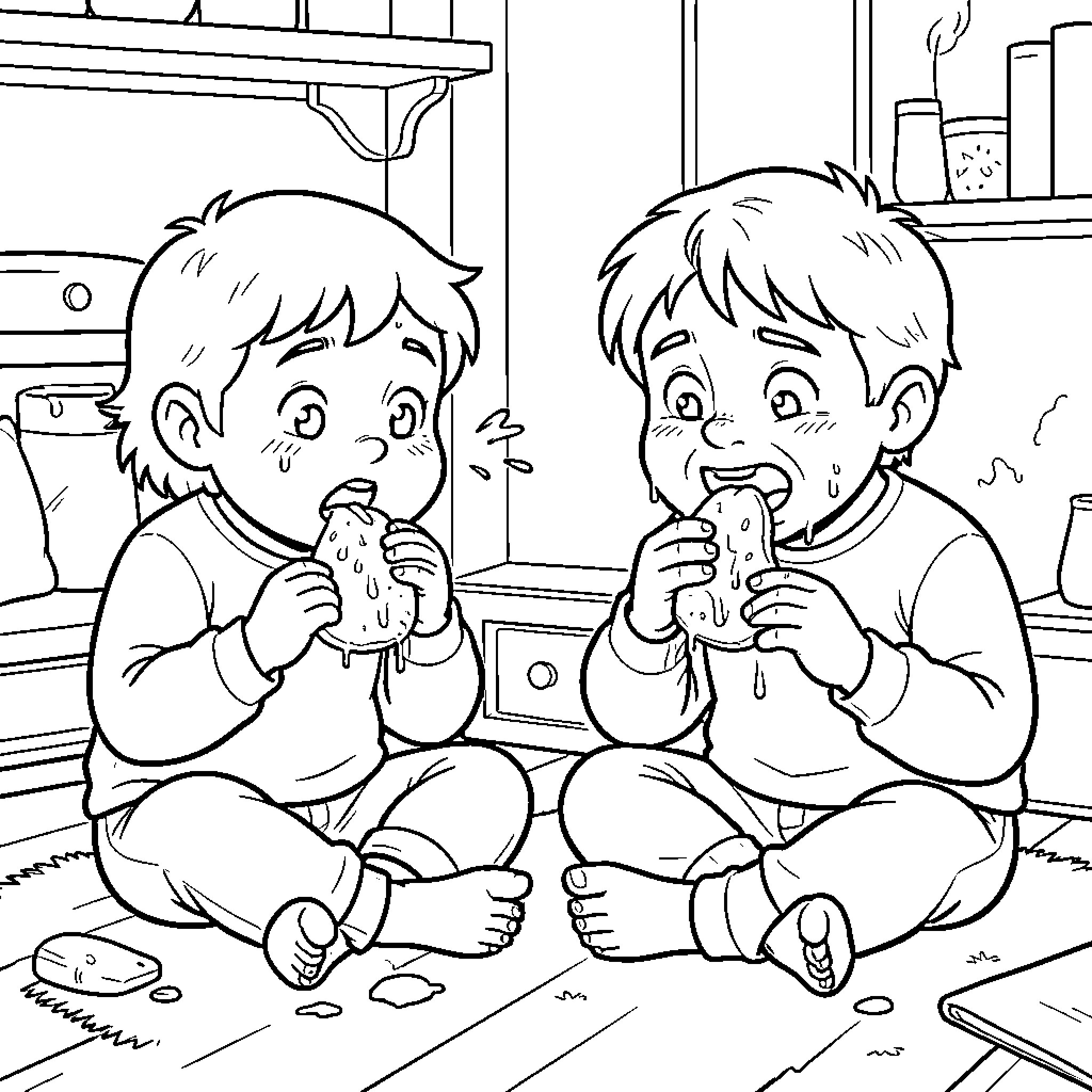 Pididi two toddlers joyfully eating snacks on the floor Coloring Page (free black-and-white line drawing printable PDF for all, from beginners to advanced learners, including children, teens, adults, and seniors)
