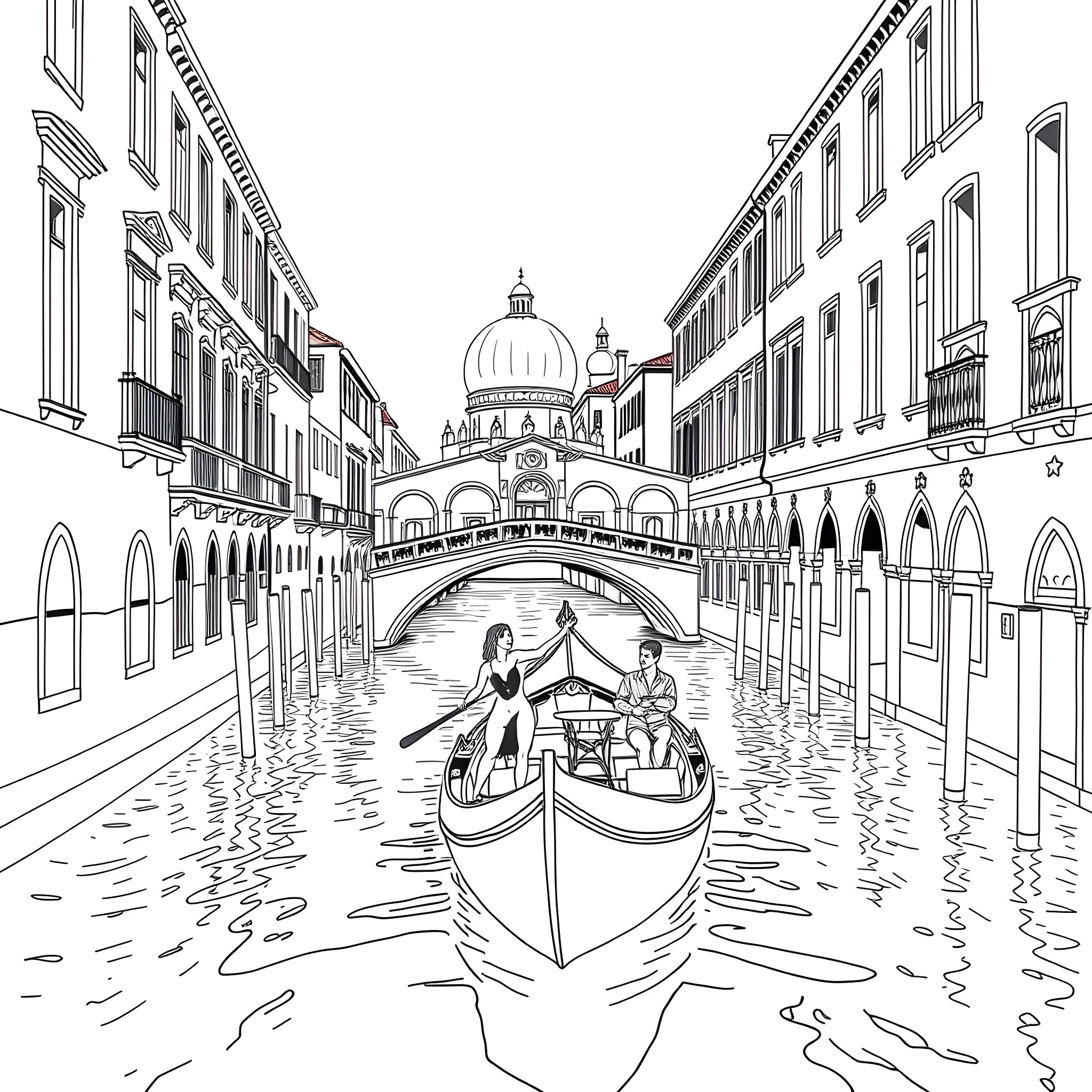 Romance in the Venetian Waterways Coloring Page (free black-and-white line drawing printable PDF for all, from beginners to advanced learners, including children, teens, adults, and seniors)