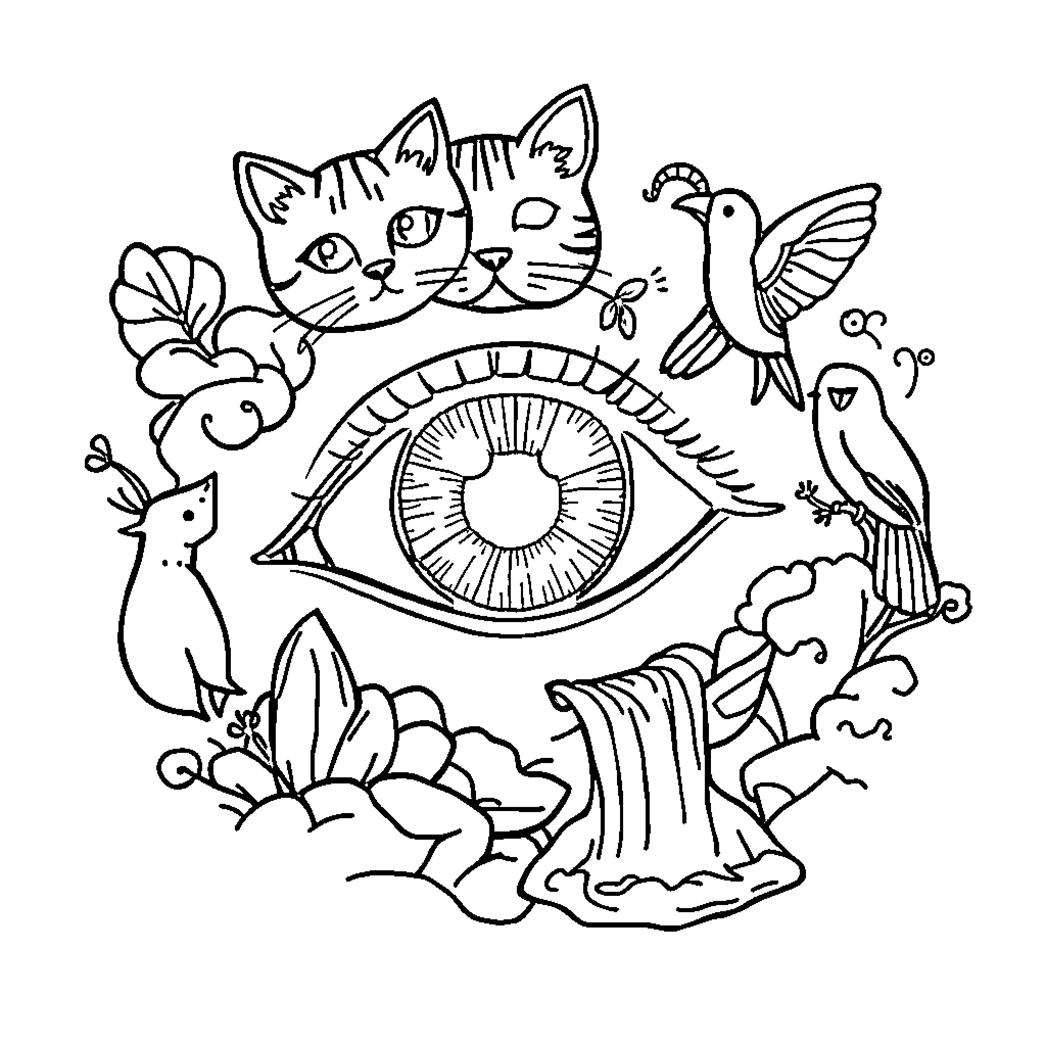 Eye-Catching Nature: Whimsical Creatures and Landscapes Coloring Page (free black-and-white line drawing printable PDF for all, from beginners to advanced learners, including children, teens, adults, and seniors)