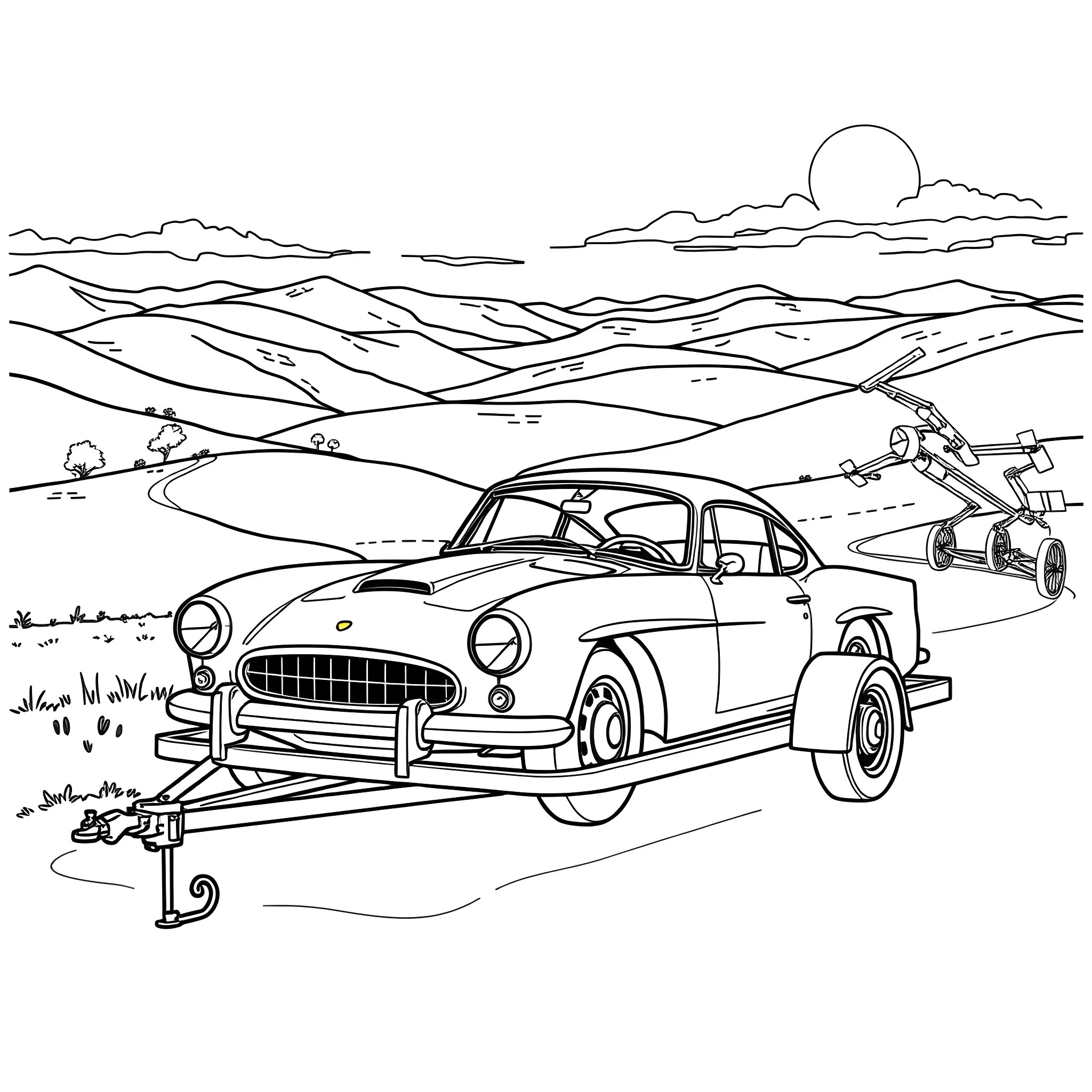 Car towing another car in scenic landscape Coloring Page (free black-and-white line drawing printable PDF for all, from beginners to advanced learners, including children, teens, adults, and seniors)