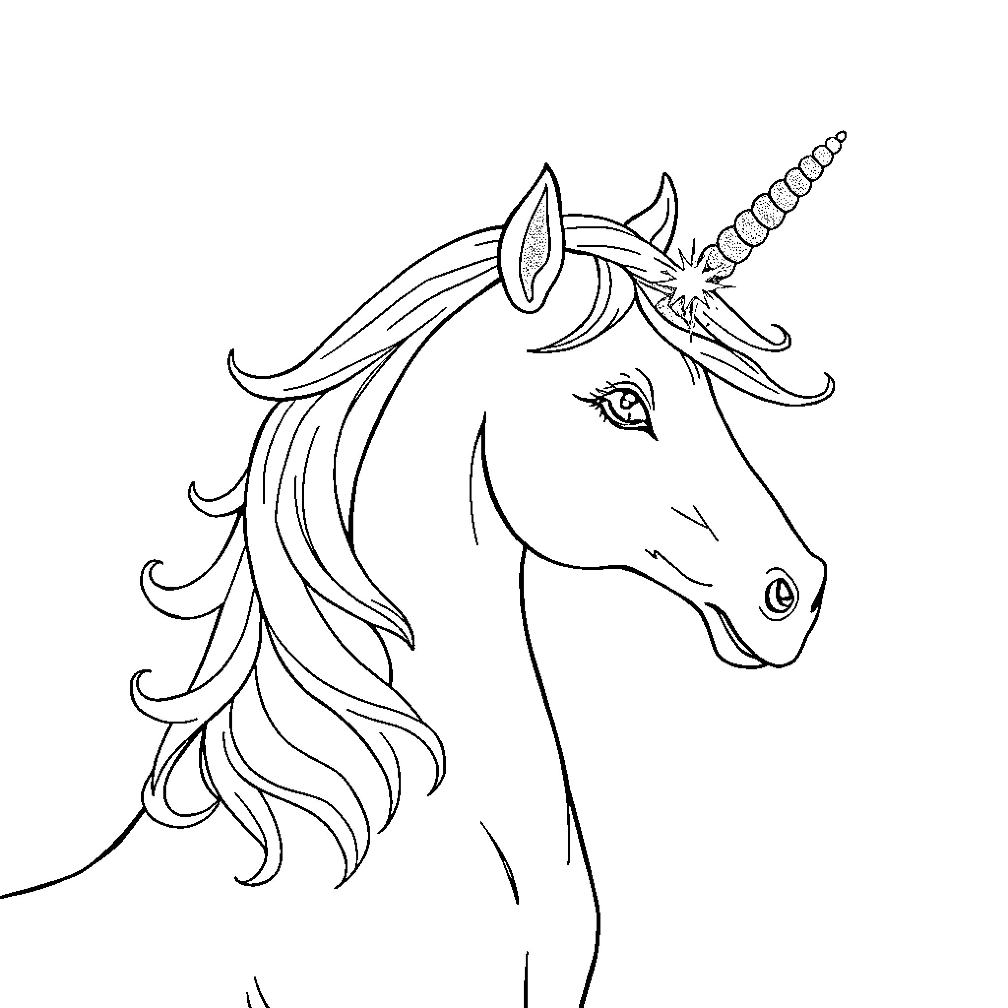 Unicorn with intricate horn and flowing mane Coloring Page (free black-and-white line drawing printable PDF for all, from beginners to advanced learners, including children, teens, adults, and seniors)