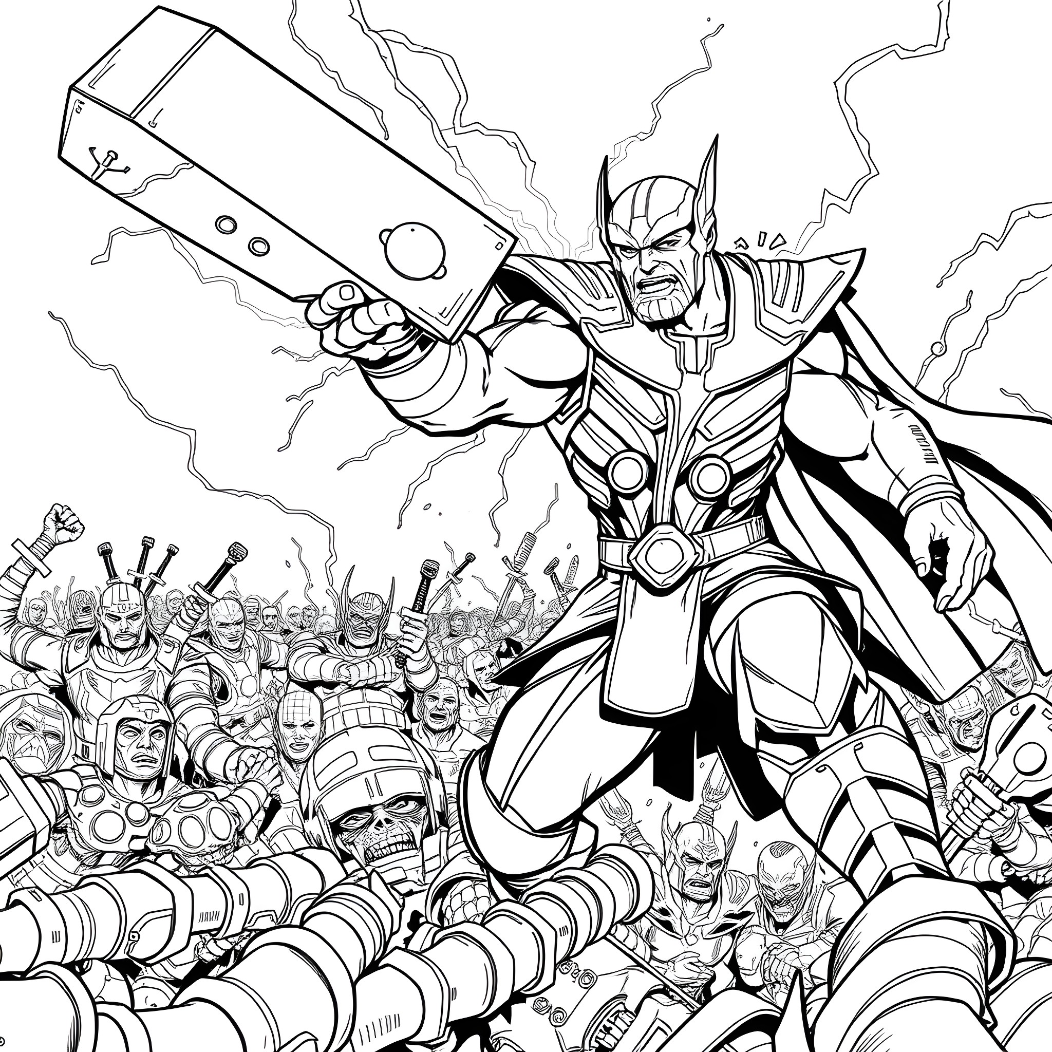 Thor leading the charge against his foes Coloring Page (free black-and-white line drawing printable PDF for all, from beginners to advanced learners, including children, teens, adults, and seniors)