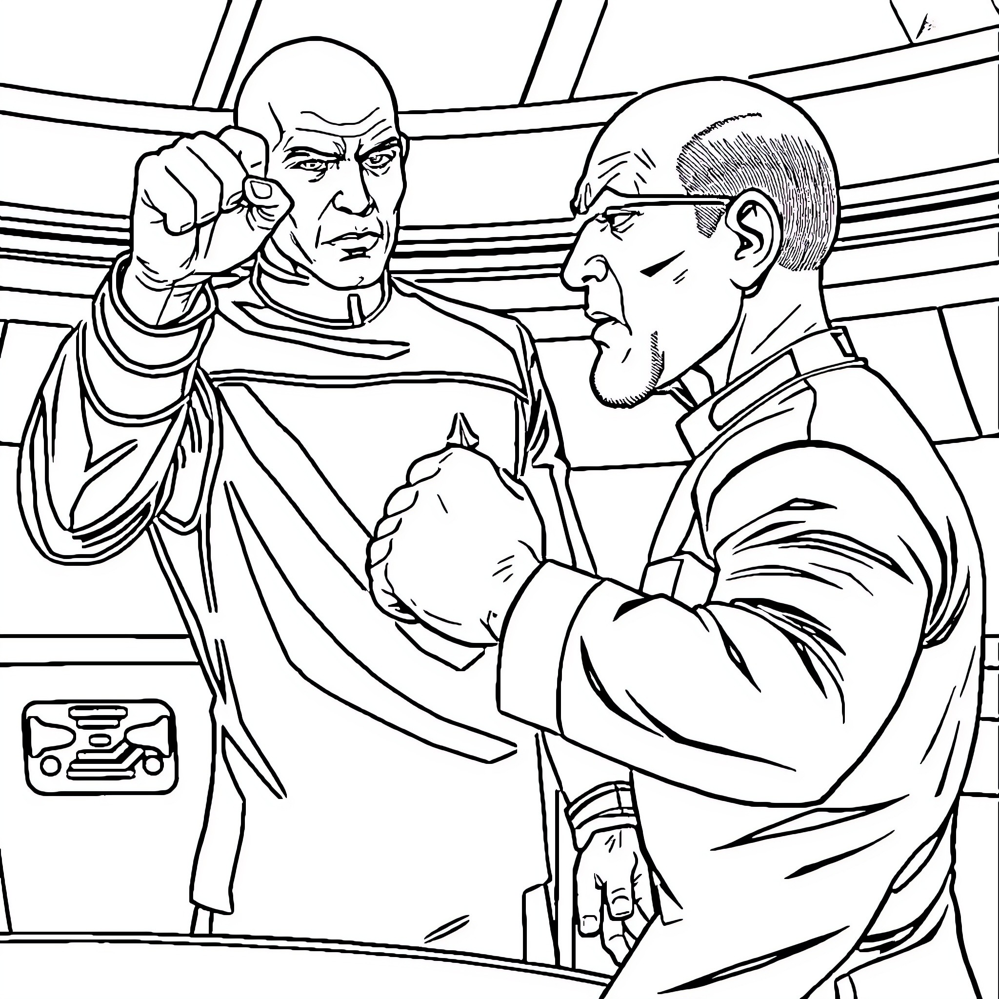 Captain Picard in a tense exchange with a colleague Coloring Page (free black-and-white line drawing printable PDF for all, from beginners to advanced learners, including children, teens, adults, and seniors)