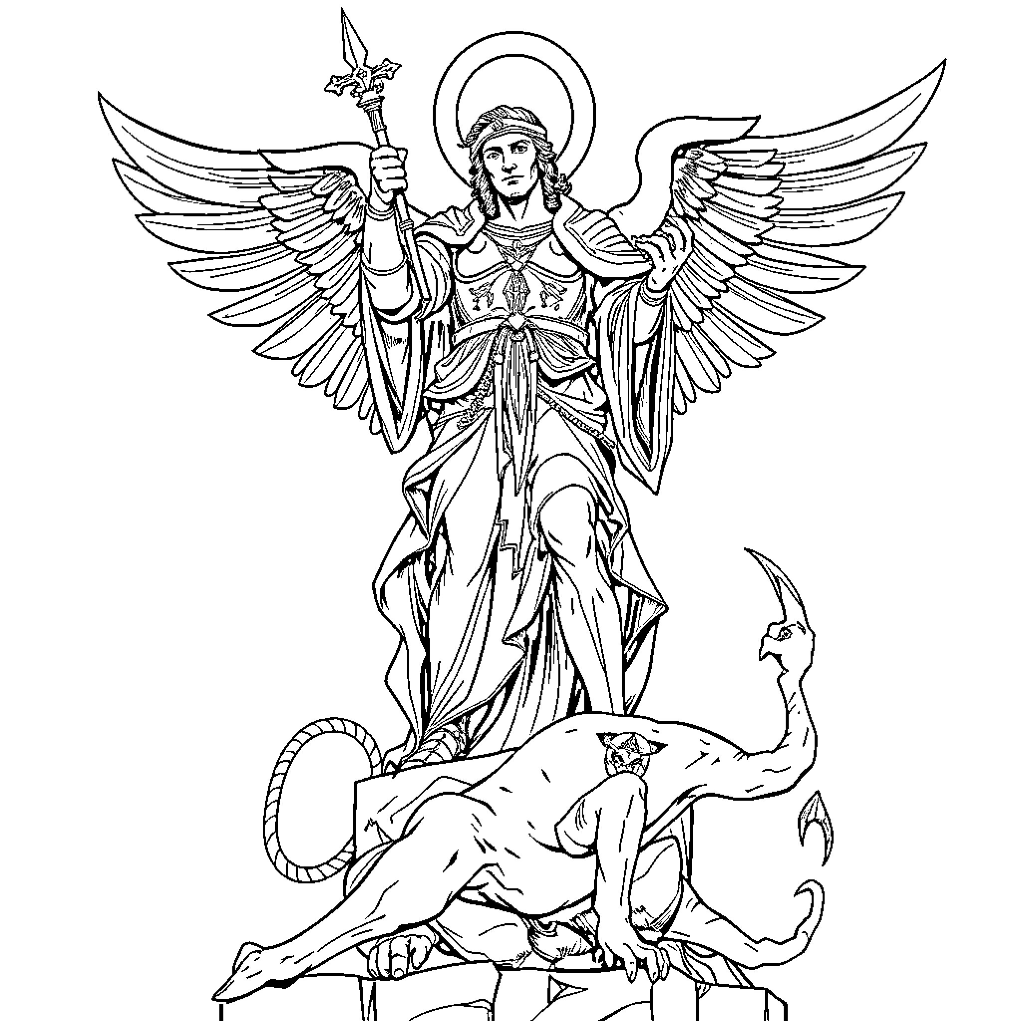 Saint Michael Vanquishing the Dragon Coloring Page (free black-and-white line drawing printable PDF for all, from beginners to advanced learners, including children, teens, adults, and seniors)