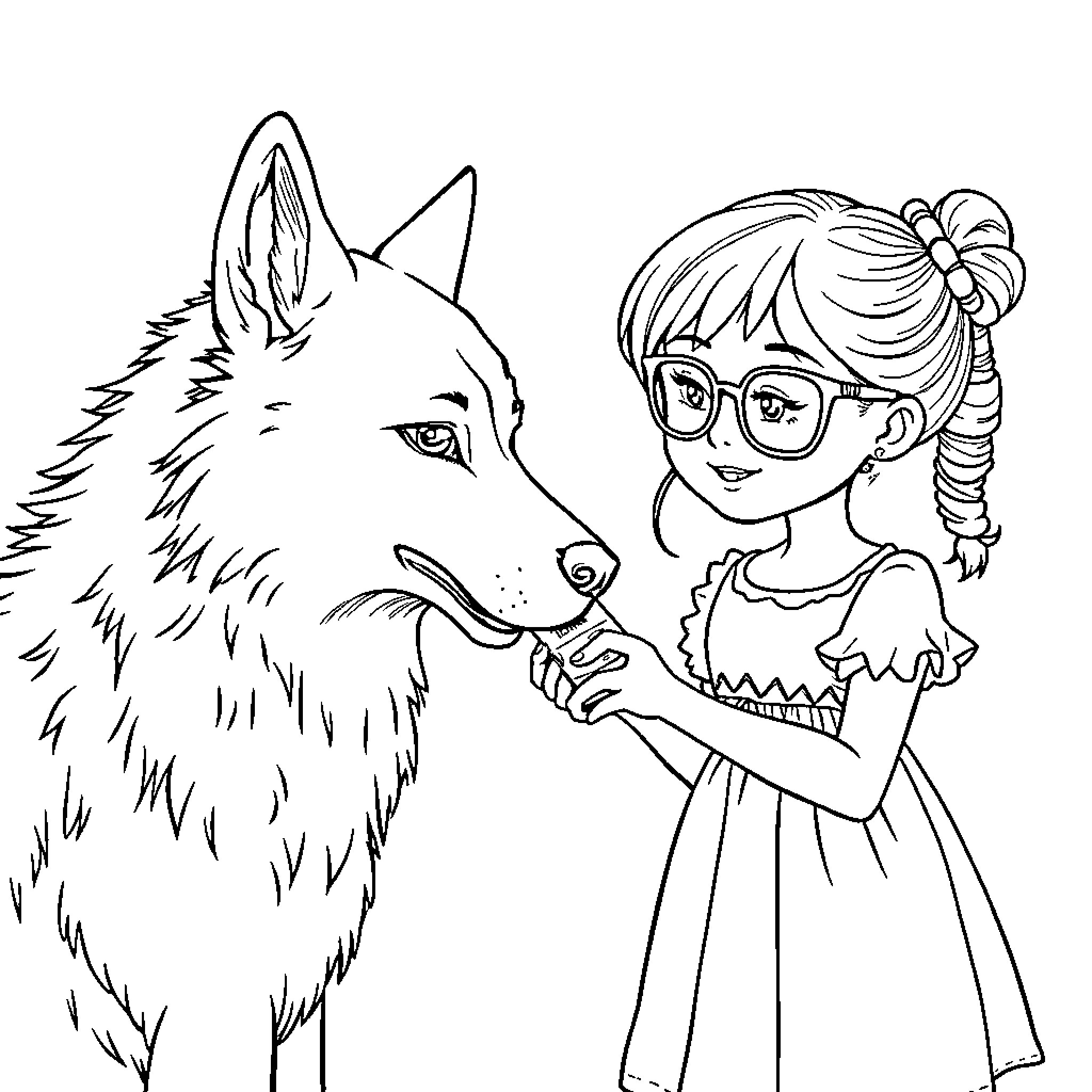 Wolf and girl in whimsical encounter Coloring Page (free black-and-white line drawing printable PDF for all, from beginners to advanced learners, including children, teens, adults, and seniors)