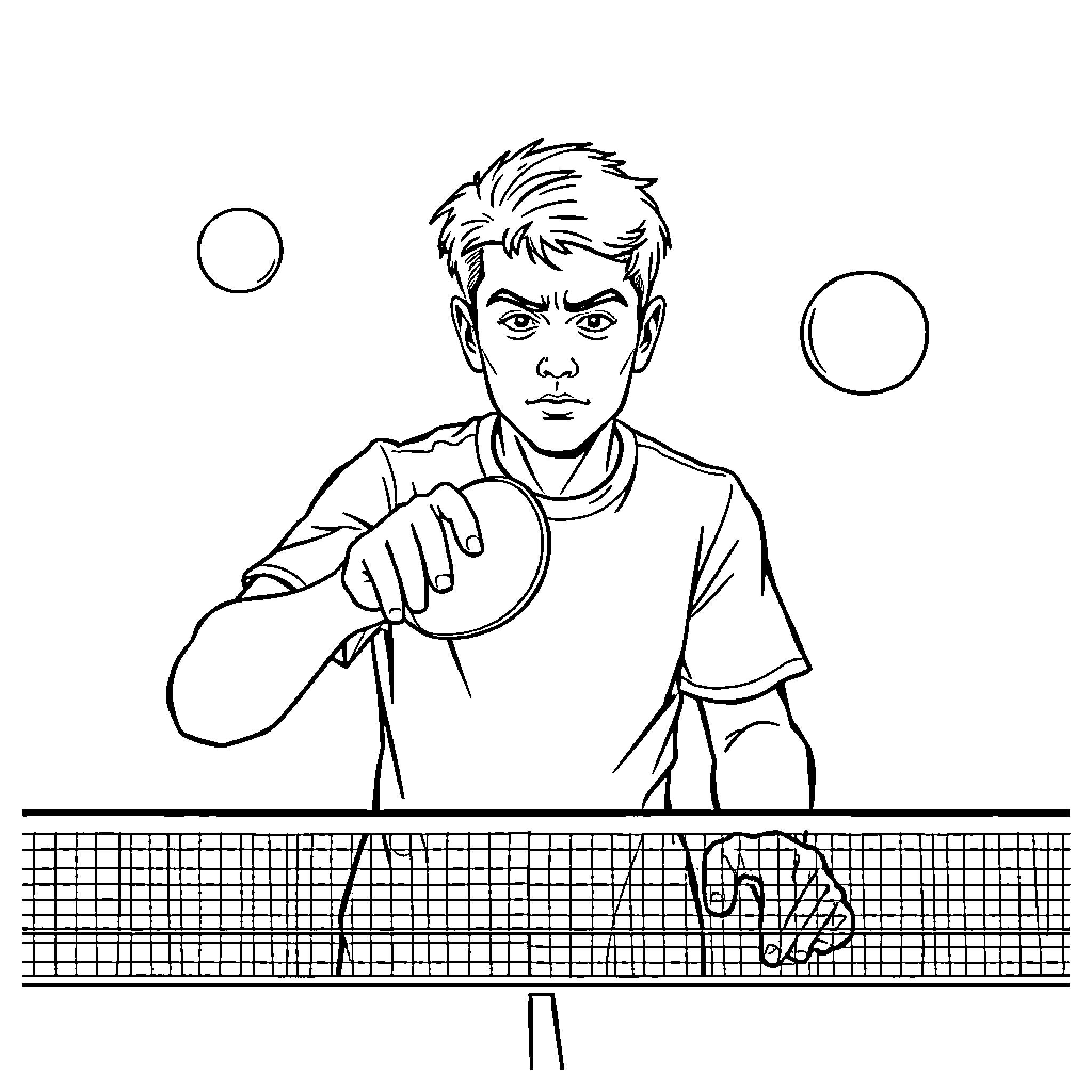 Table Tennis Player Preparing to Serve Coloring Page (free black-and-white line drawing printable PDF for all, from beginners to advanced learners, including children, teens, adults, and seniors)