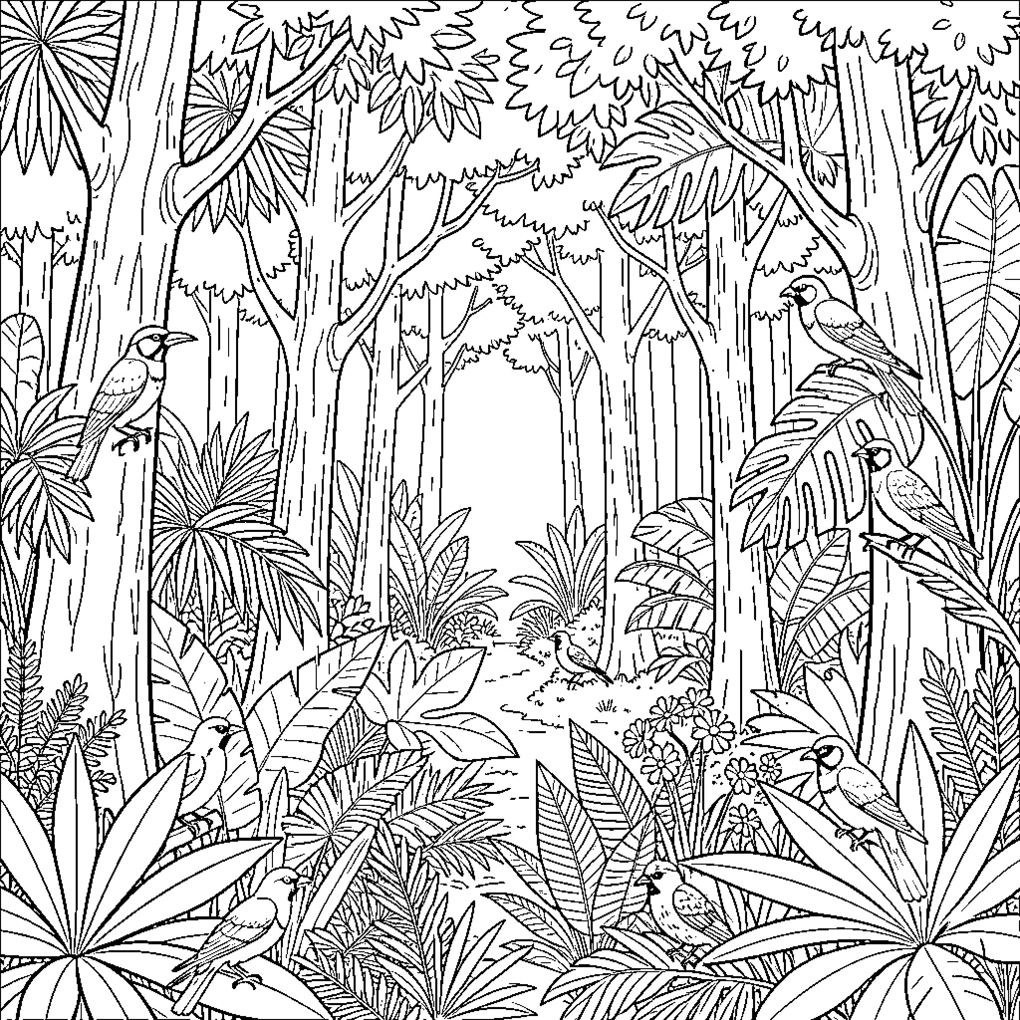 Jungle Scene with Diverse Flora and Fauna Coloring Page (free black-and-white line drawing printable PDF for all, from beginners to advanced learners, including children, teens, adults, and seniors)