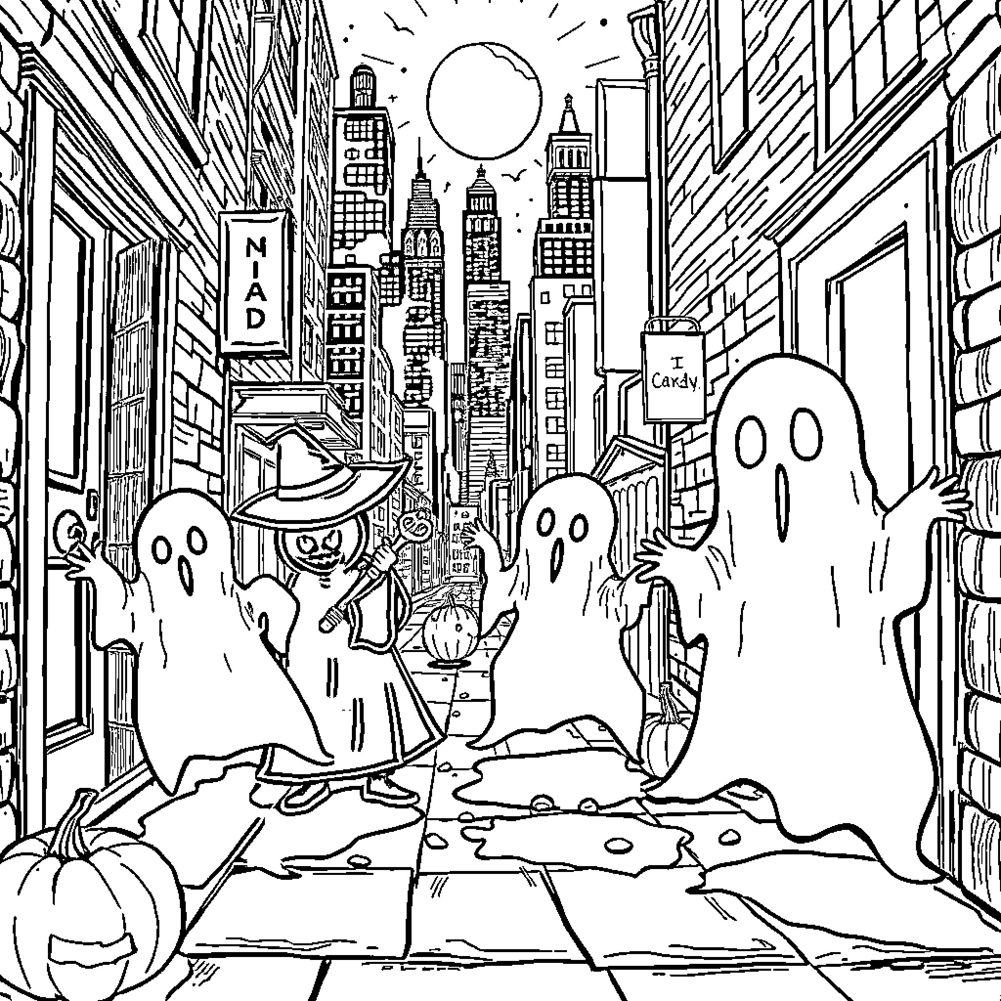 Ghost visitors explore spooky city at night Coloring Page (free black-and-white line drawing printable PDF for all, from beginners to advanced learners, including children, teens, adults, and seniors)