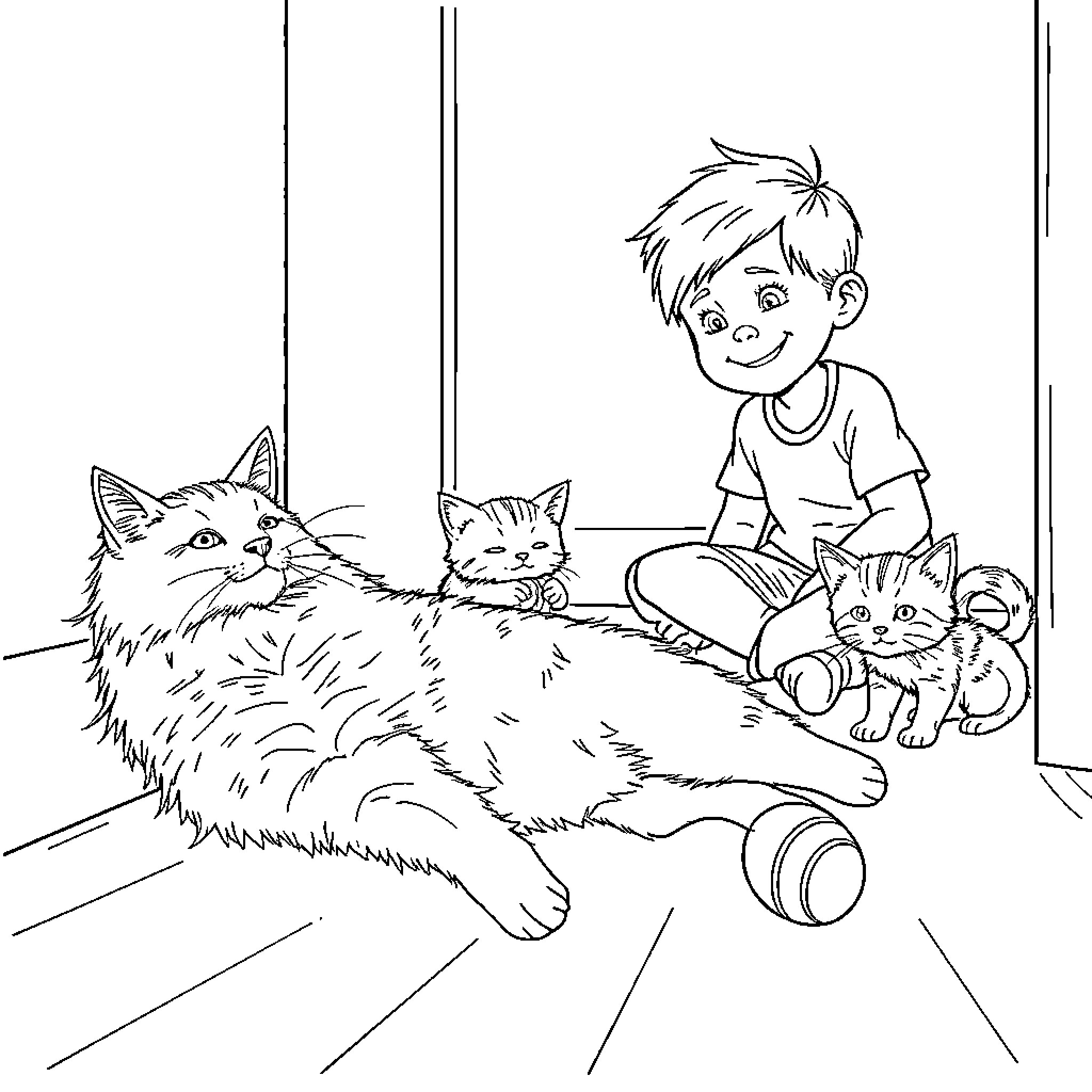 Cat and kid playing together in the room Coloring Page (free black-and-white line drawing printable PDF for all, from beginners to advanced learners, including children, teens, adults, and seniors)