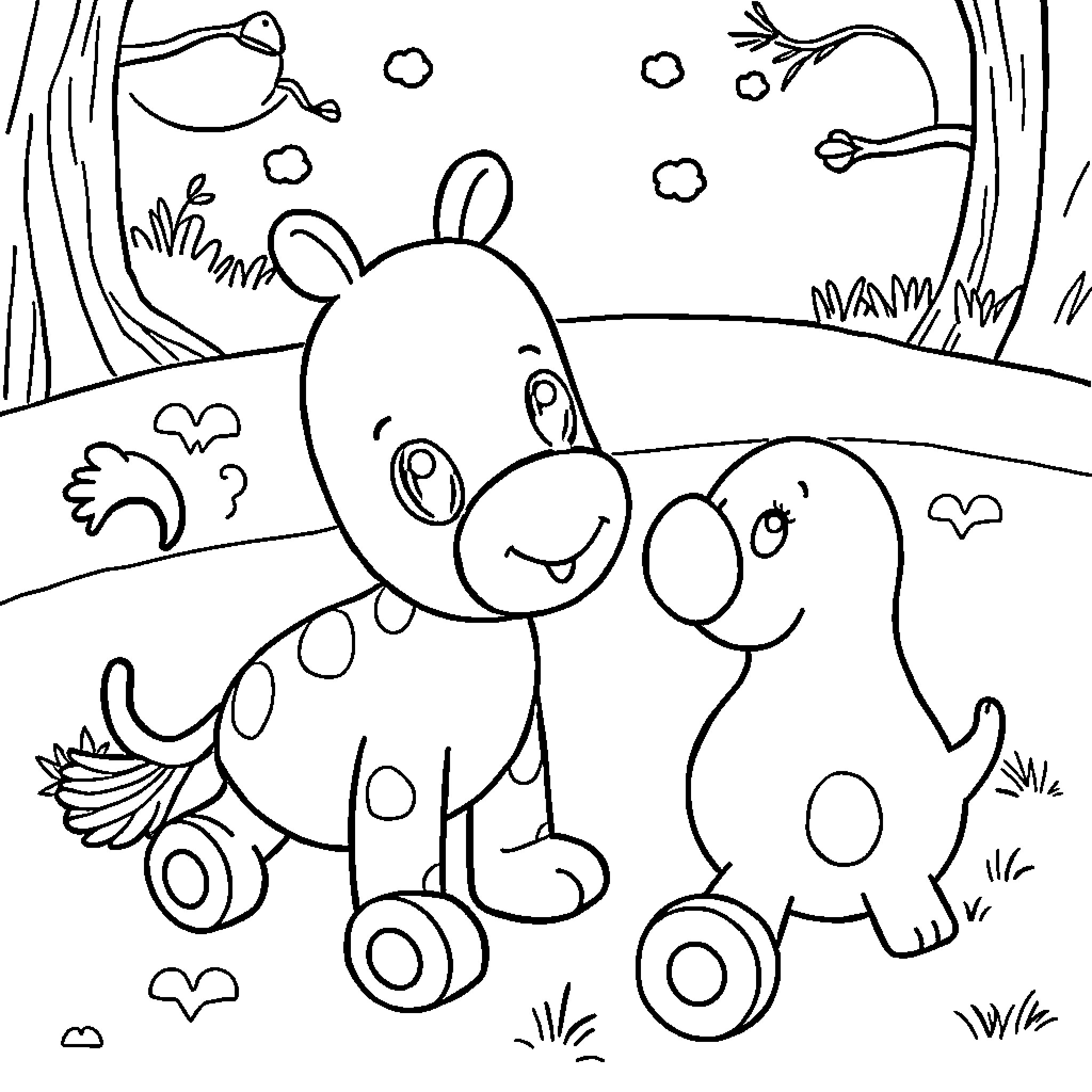 Baby animals playing joyfully in nature Coloring Page (free black-and-white line drawing printable PDF for all, from beginners to advanced learners, including children, teens, adults, and seniors)