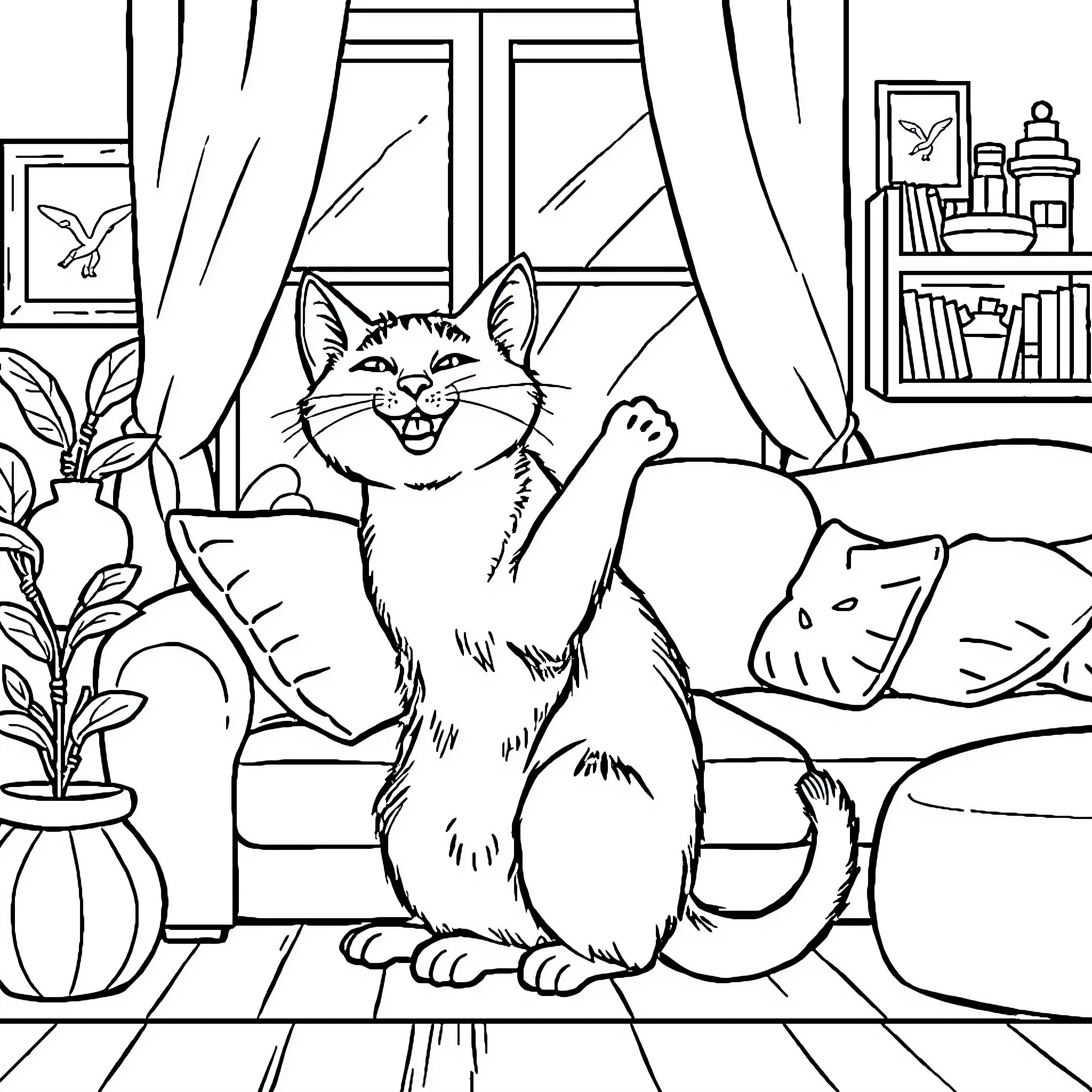 Cat enjoying cozy home environment Coloring Page (free black-and-white line drawing printable PDF for all, from beginners to advanced learners, including children, teens, adults, and seniors)