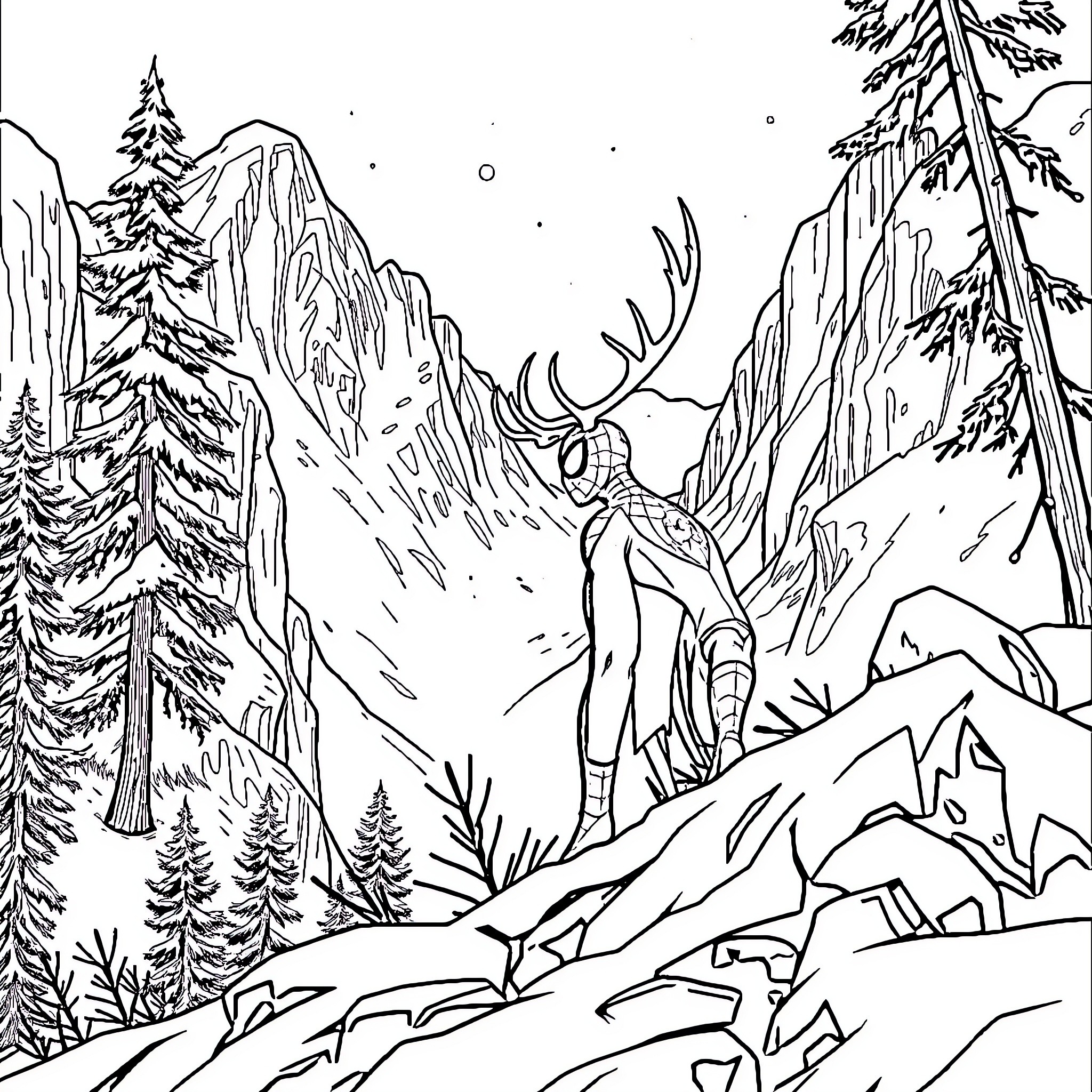 Spider-Man explores snowy mountain landscape Coloring Page (free black-and-white line drawing printable PDF for all, from beginners to advanced learners, including children, teens, adults, and seniors)