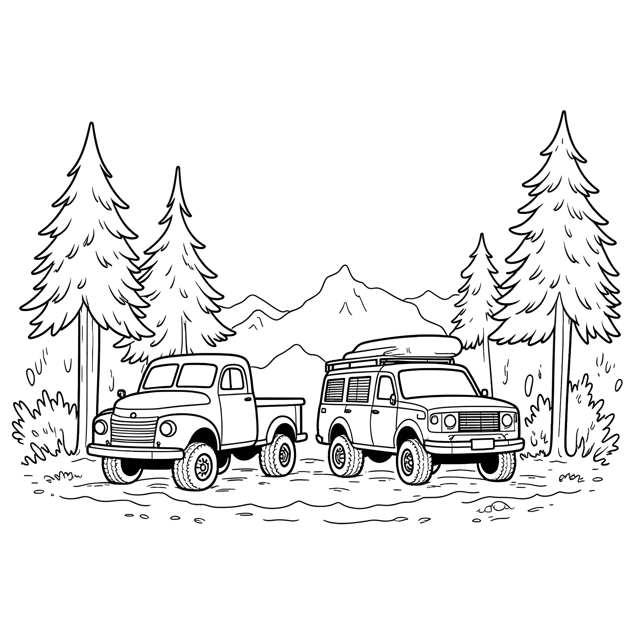 Truck Adventure in the Wilderness Coloring Page (free black-and-white line drawing printable PDF for all, from beginners to advanced learners, including children, teens, adults, and seniors)