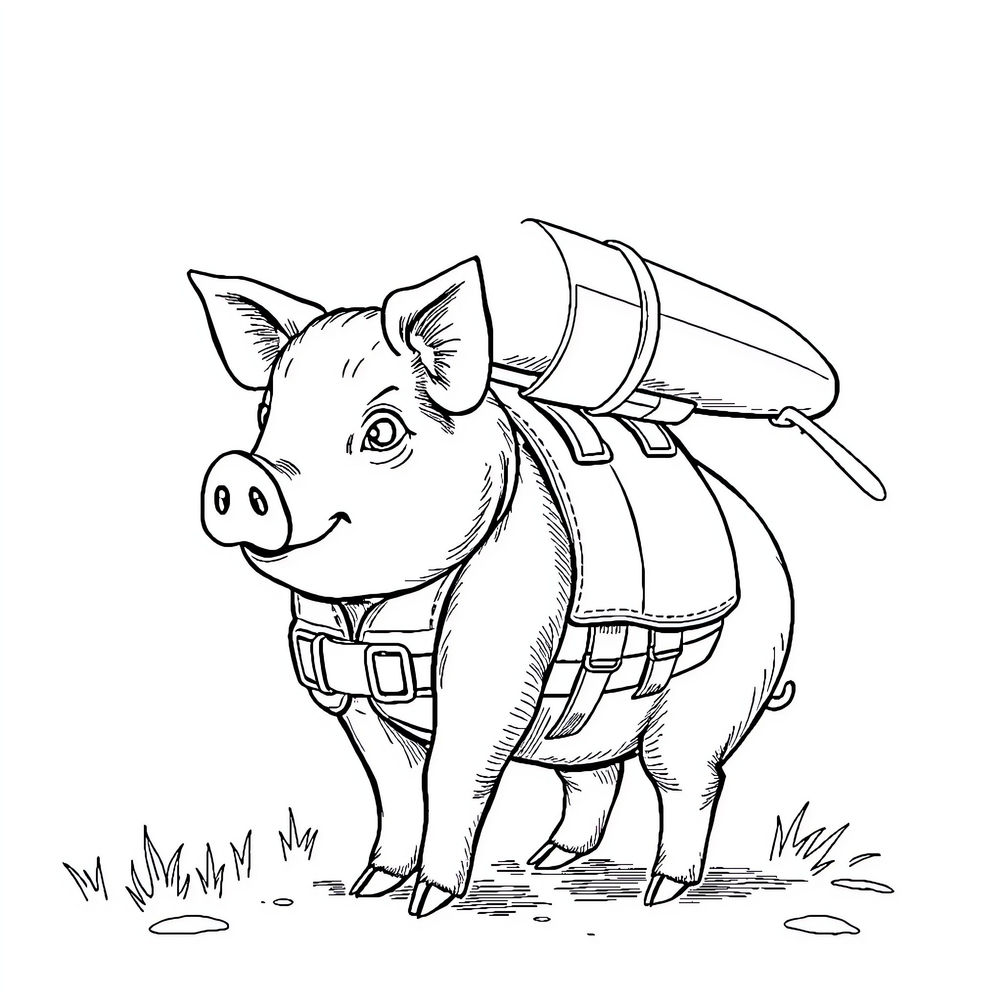 Pig wearing backpack in the outdoors Coloring Page (free black-and-white line drawing printable PDF for all, from beginners to advanced learners, including children, teens, adults, and seniors)