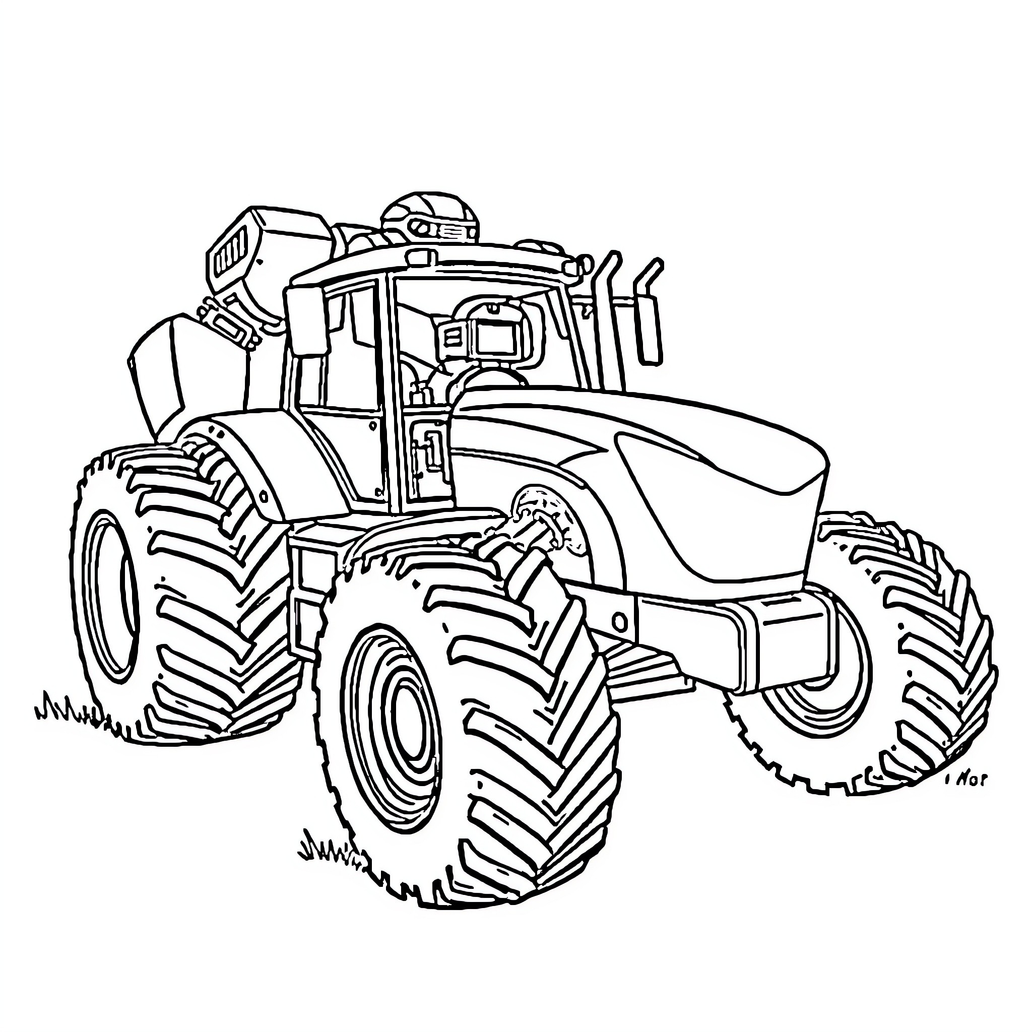 Tractor working on the field Coloring Page (free black-and-white line drawing printable PDF for all, from beginners to advanced learners, including children, teens, adults, and seniors)