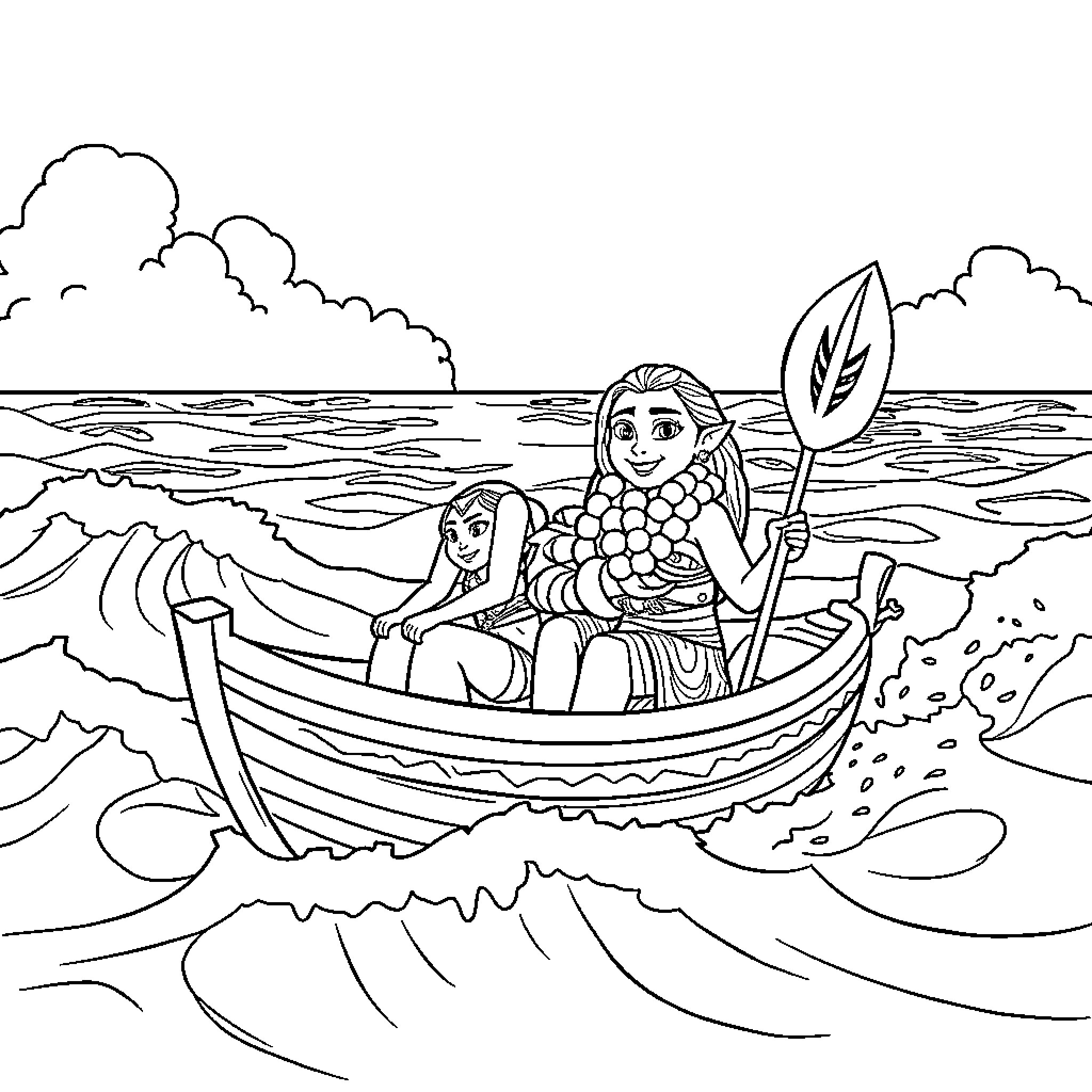 Moana exploring the ocean in her canoe Coloring Page (free black-and-white line drawing printable PDF for all, from beginners to advanced learners, including children, teens, adults, and seniors)