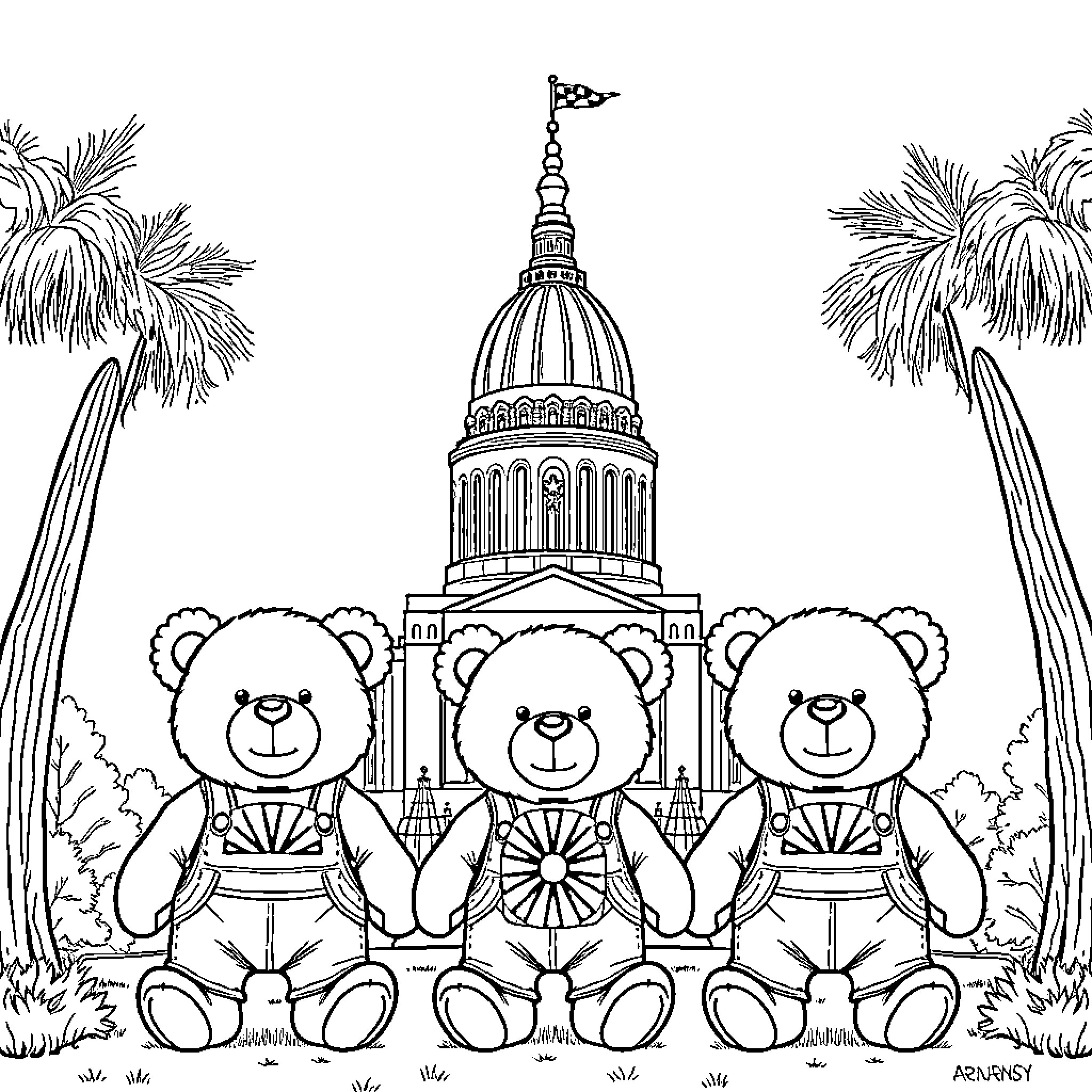 Teddy Bears Visiting a Landmark Coloring Page (free black-and-white line drawing printable PDF for all, from beginners to advanced learners, including children, teens, adults, and seniors)