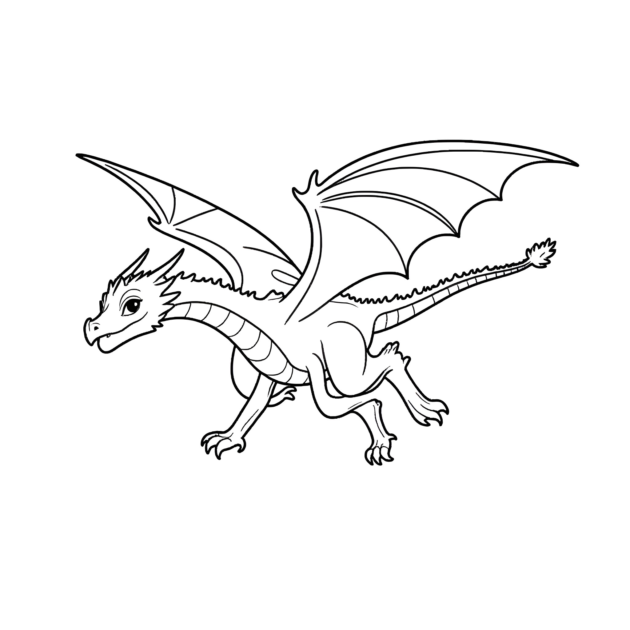 Glory of a Fearsome Dragon in Flight Coloring Page (free black-and-white line drawing printable PDF for all, from beginners to advanced learners, including children, teens, adults, and seniors)