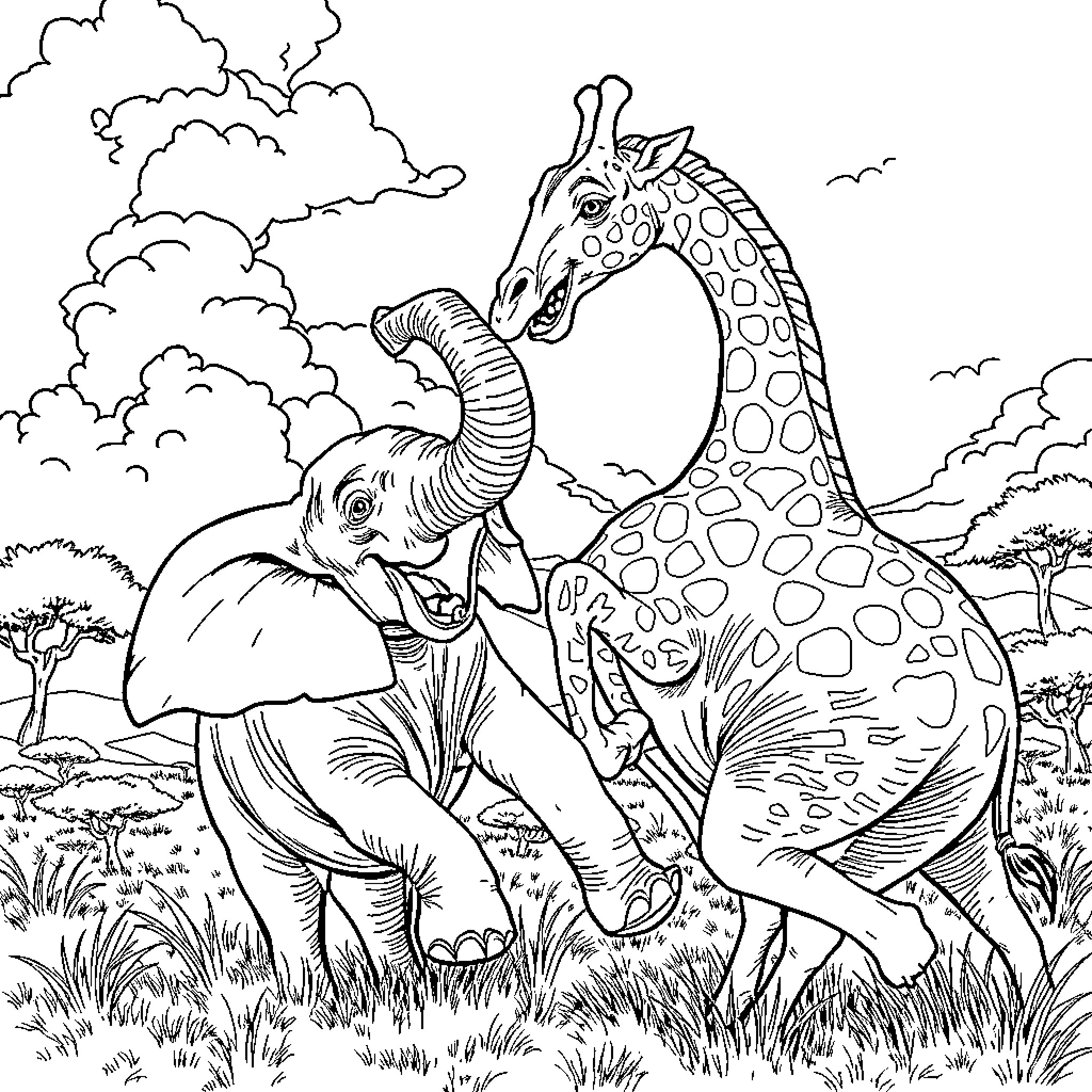 Elephant and giraffe friends in the wild Coloring Page (free black-and-white line drawing printable PDF for all, from beginners to advanced learners, including children, teens, adults, and seniors)