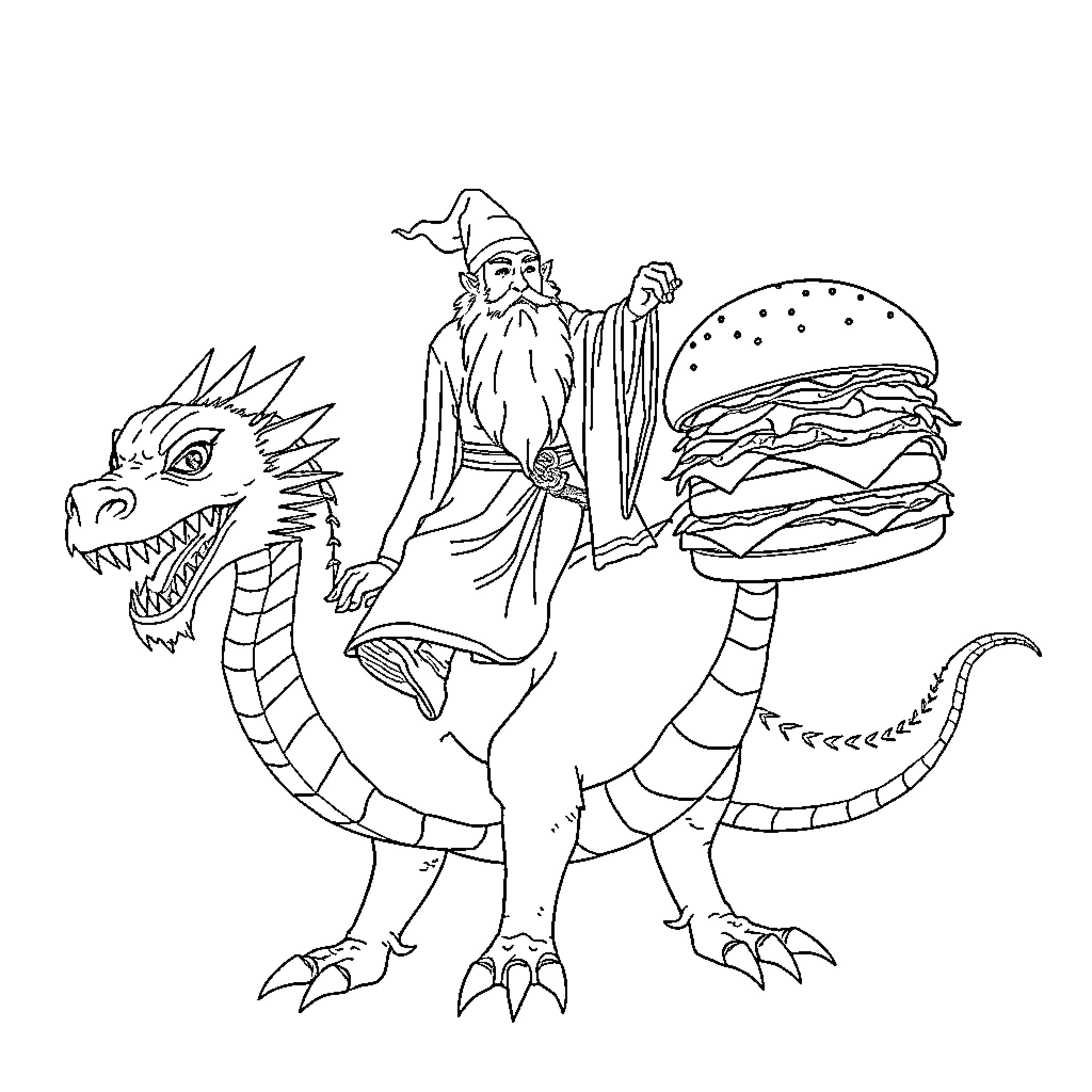 Gandalf riding an unusual dragon-like creature while holding a giant burger Coloring Page (free black-and-white line drawing printable PDF for all, from beginners to advanced learners, including children, teens, adults, and seniors)
