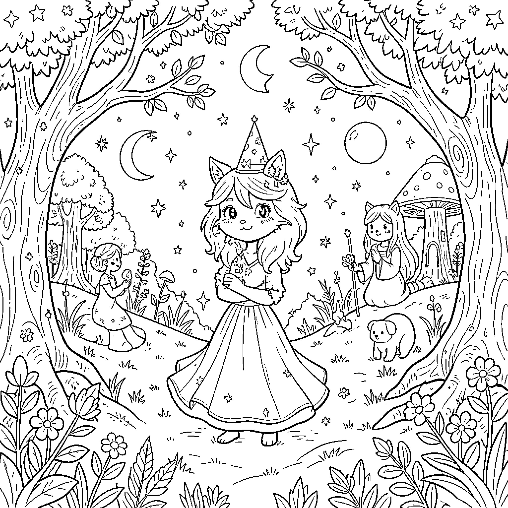 Magic Drawing of a cat girl in a mystical forest Coloring Page (free black-and-white line drawing printable PDF for all, from beginners to advanced learners, including children, teens, adults, and seniors)