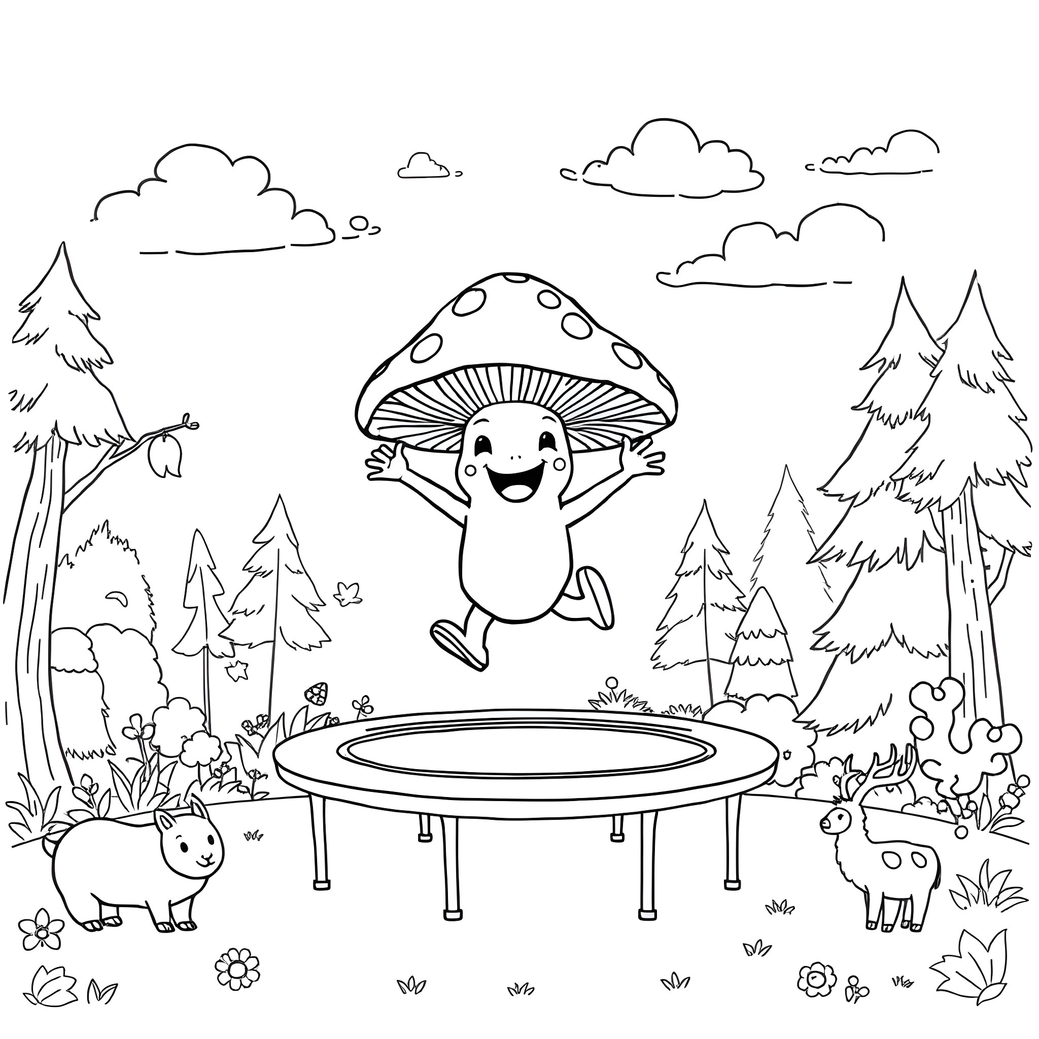 Mushroom character jumping happily on a trampoline in the forest Coloring Page (free black-and-white line drawing printable PDF for all, from beginners to advanced learners, including children, teens, adults, and seniors)
