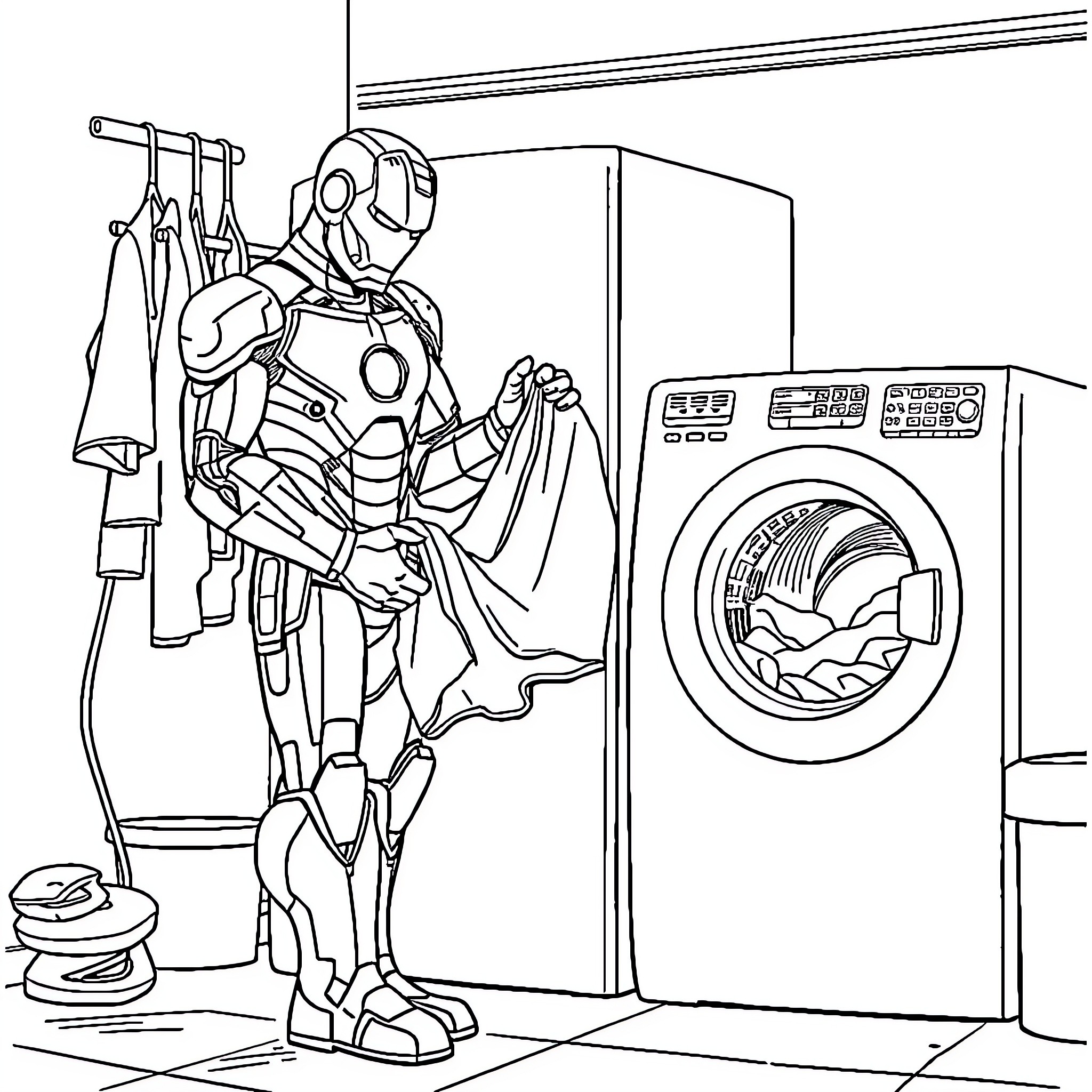 Ironman doing laundry in futuristic setting Coloring Page (free black-and-white line drawing printable PDF for all, from beginners to advanced learners, including children, teens, adults, and seniors)