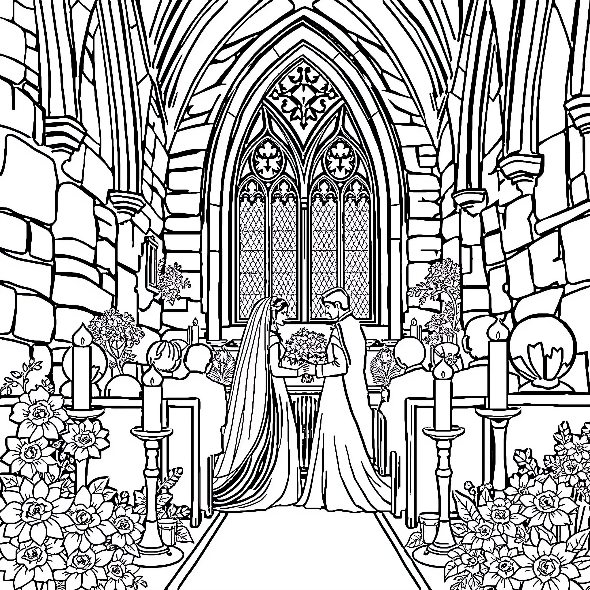 Wedding Ceremony in a Stately Cathedral Coloring Page (free black-and-white line drawing printable PDF for all, from beginners to advanced learners, including children, teens, adults, and seniors)