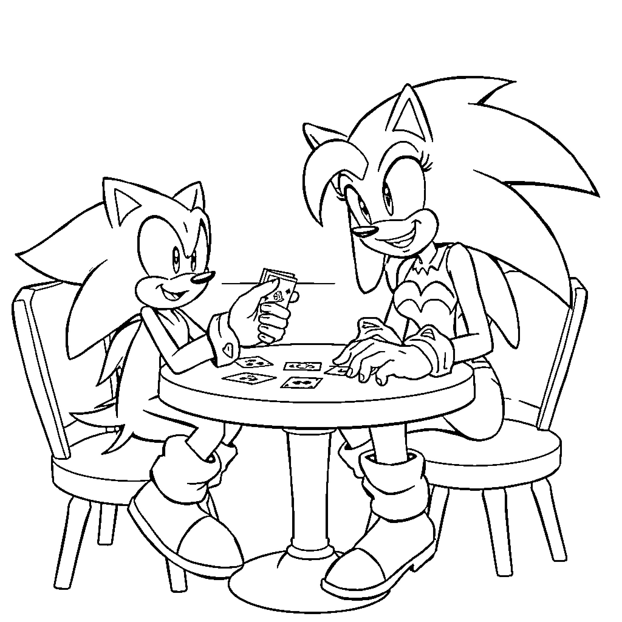 Supergirl Playing Cards with Sonic the Hedgehog Coloring Page (free black-and-white line drawing printable PDF for all, from beginners to advanced learners, including children, teens, adults, and seniors)