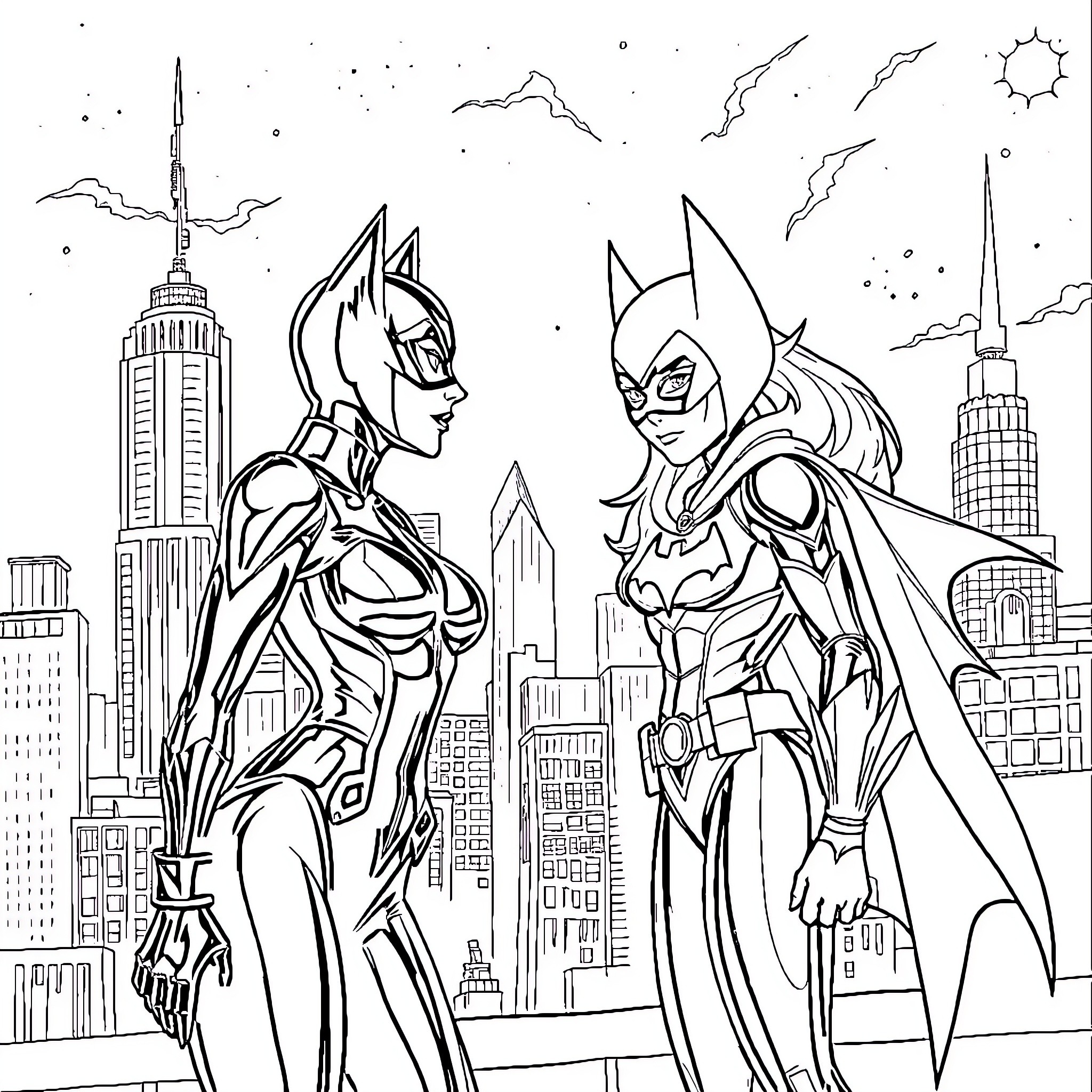 Catwoman and Batwoman in Action-Packed City Skyline Coloring Page (free black-and-white line drawing printable PDF for all, from beginners to advanced learners, including children, teens, adults, and seniors)