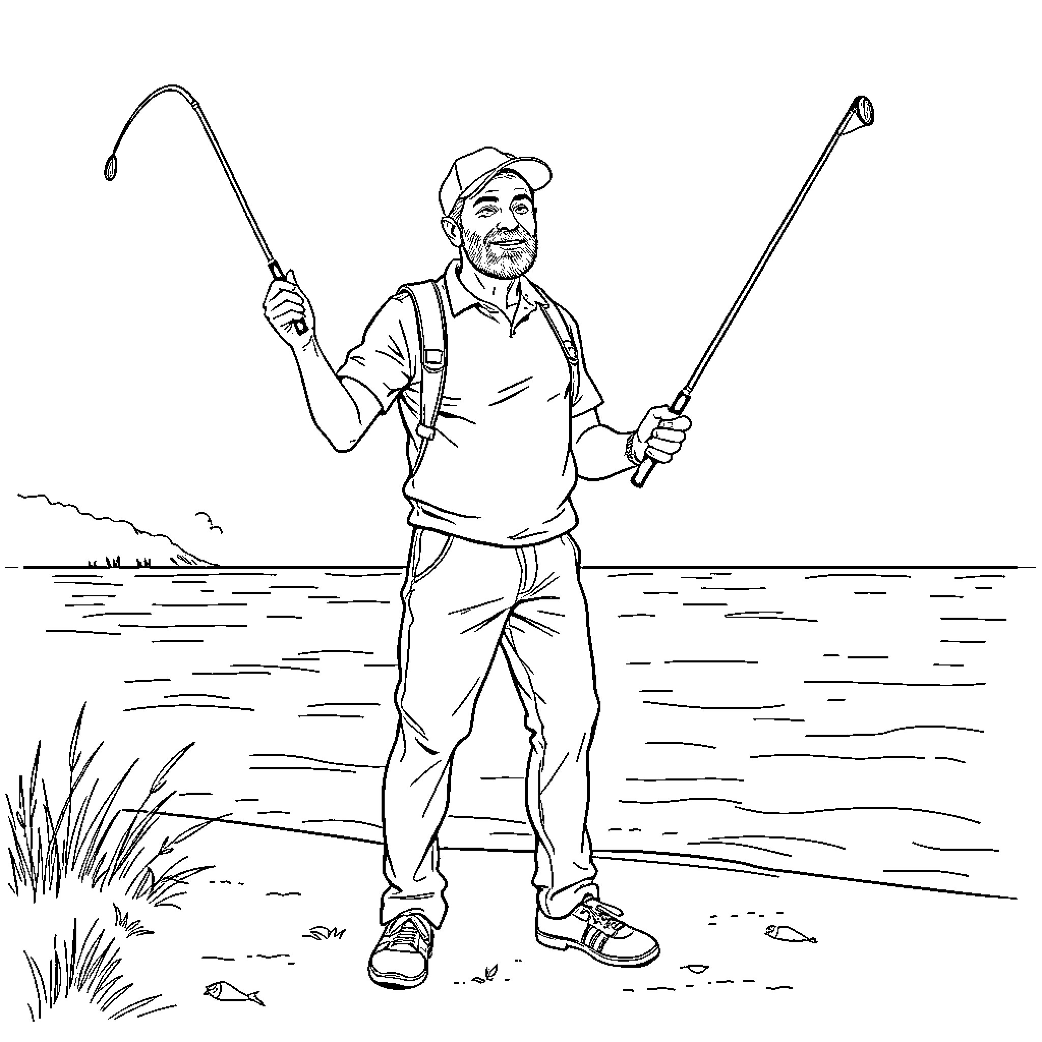 Man Fishing with Enthusiasm in Scenic Outdoors Coloring Page (free black-and-white line drawing printable PDF for all, from beginners to advanced learners, including children, teens, adults, and seniors)