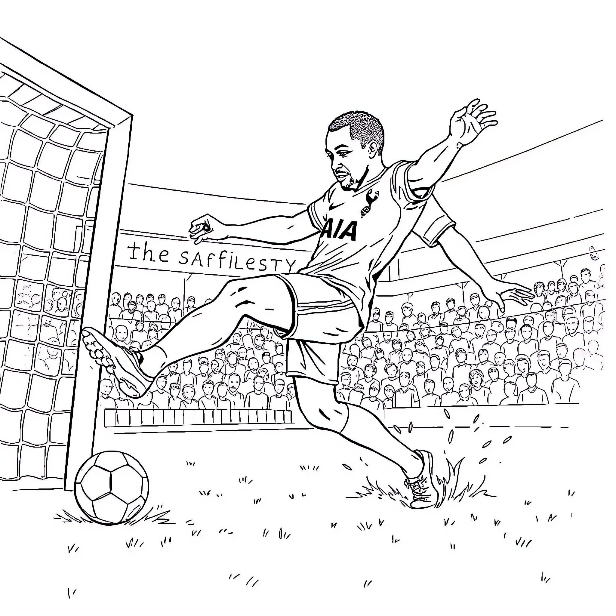 Eberechi Eze playing soccer in a stadium Coloring Page (free black-and-white line drawing printable PDF for all, from beginners to advanced learners, including children, teens, adults, and seniors)