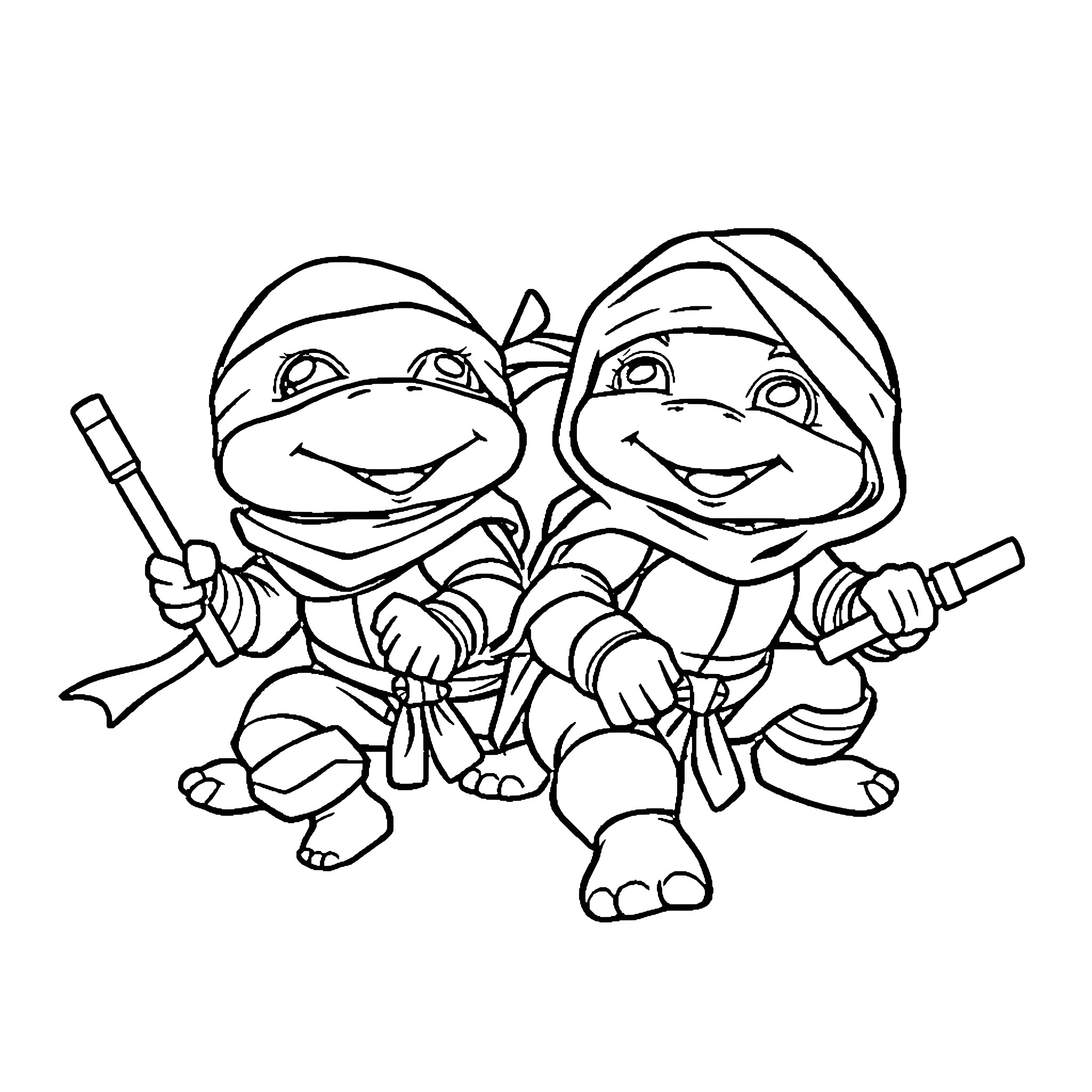 Ninja Baby Friends Posing Together Coloring Page (free black-and-white line drawing printable PDF for all, from beginners to advanced learners, including children, teens, adults, and seniors)