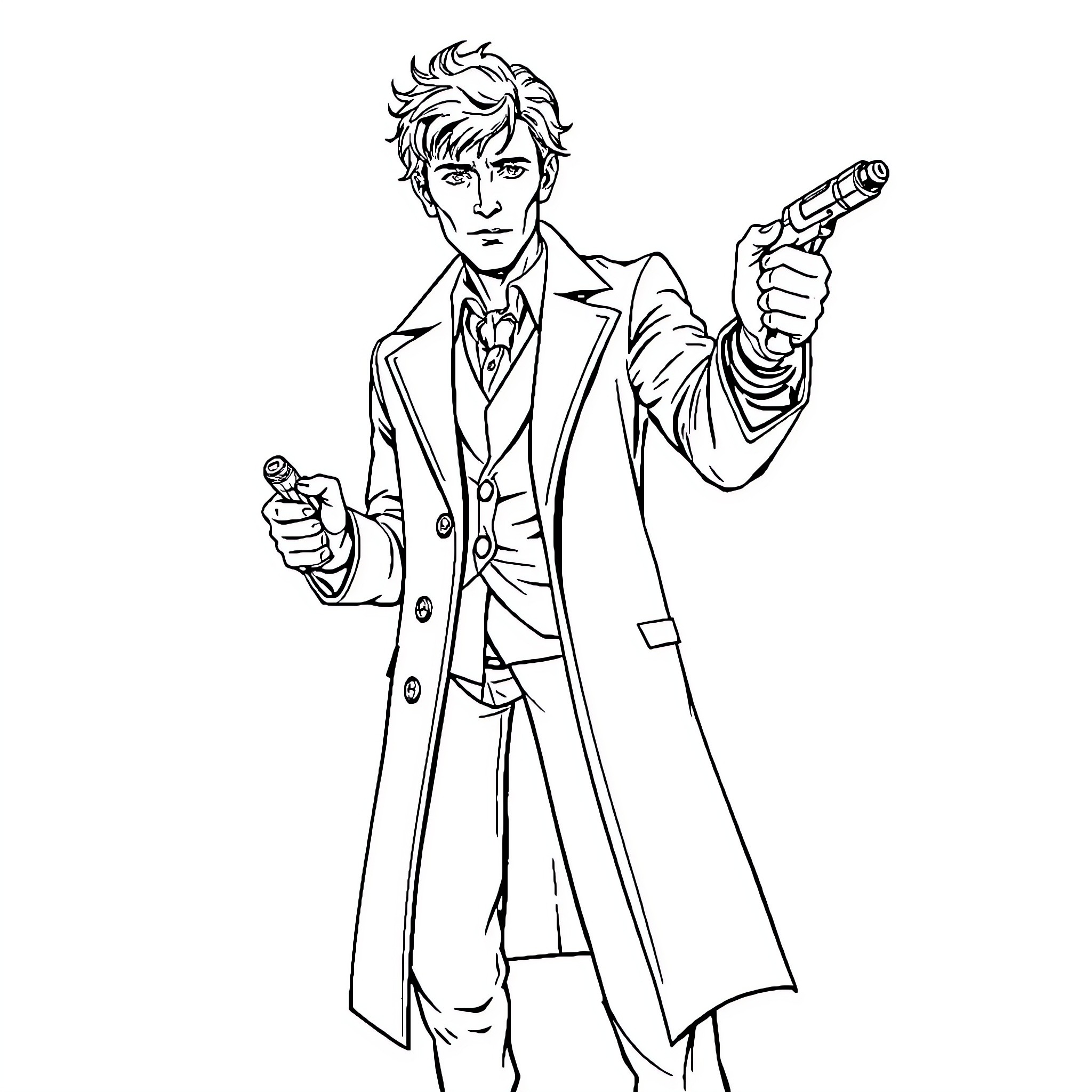 Doctor Who facing adversaries with sonic screwdriver Coloring Page (free black-and-white line drawing printable PDF for all, from beginners to advanced learners, including children, teens, adults, and seniors)
